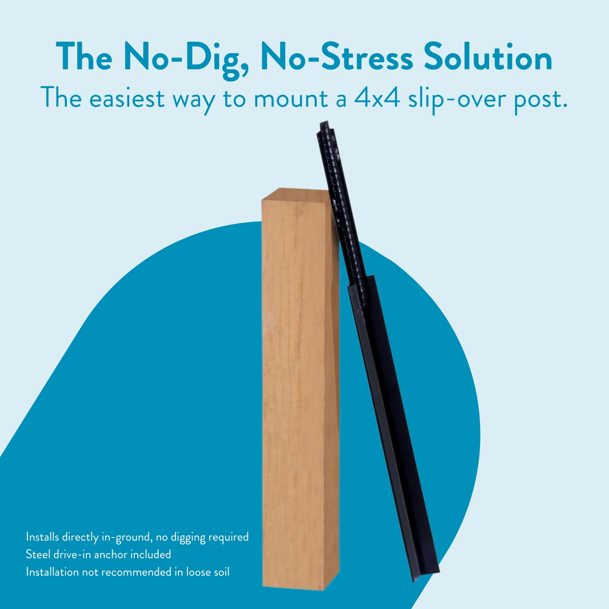 Advertisement image showing a wooden 4x4 post and a black slip-over mounting bracket beside it, set against a pale blue background with a blue semicircle; headline promotes a no-dig, stress-free post mount.