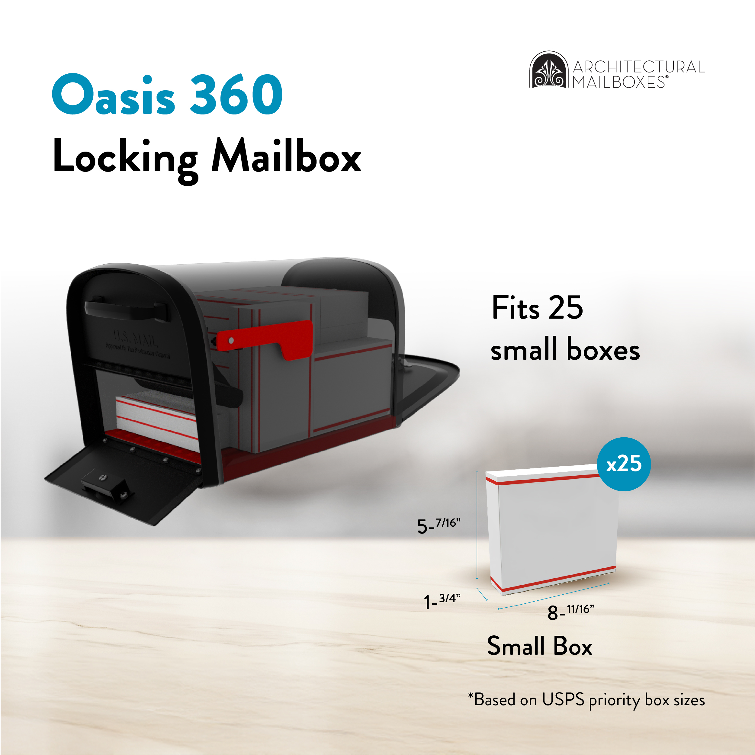 Oasis 360 locking mailbox with a curved black housing; indicates it fits 25 small boxes, shown with a 8 11/16 x 5 7/16 x 1 3/4 inch small box.