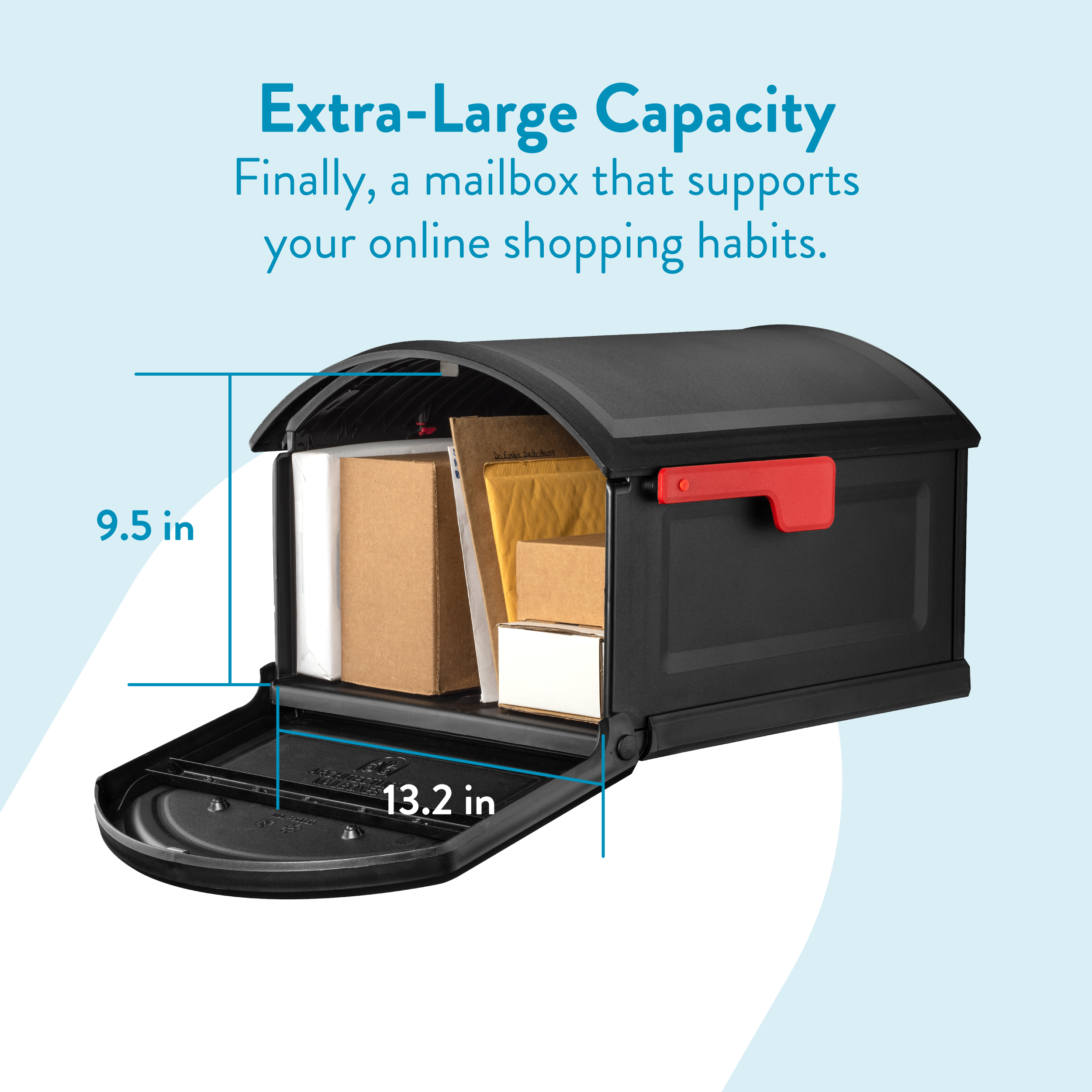 Open, black curbside mailbox filled with padded and cardboard packages, highlighting 9.5 in height and 13.2 in depth for extra-large capacity.