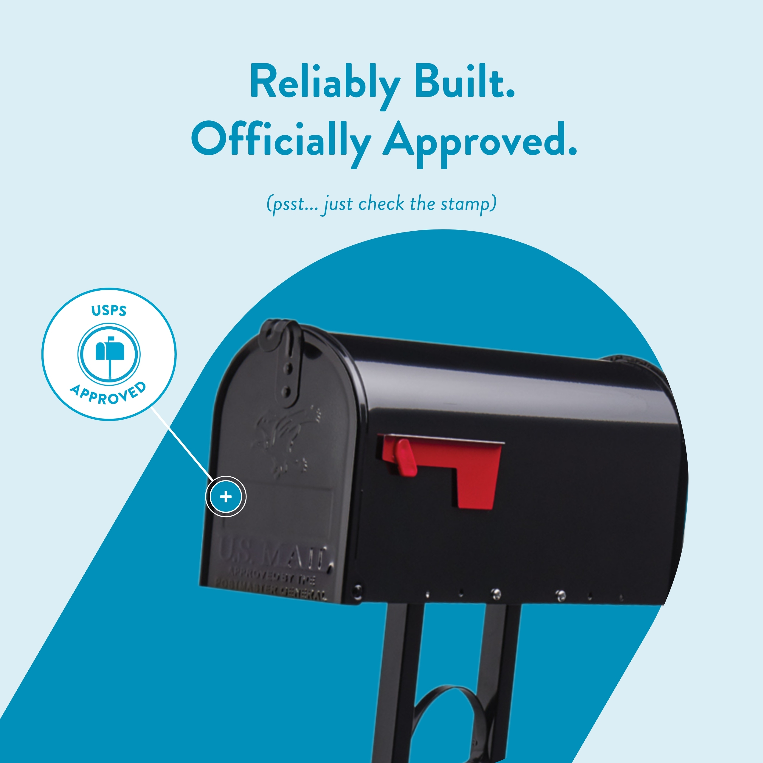 Promotional graphic showing a black mailbox with a red flag and a USPS Approved badge.