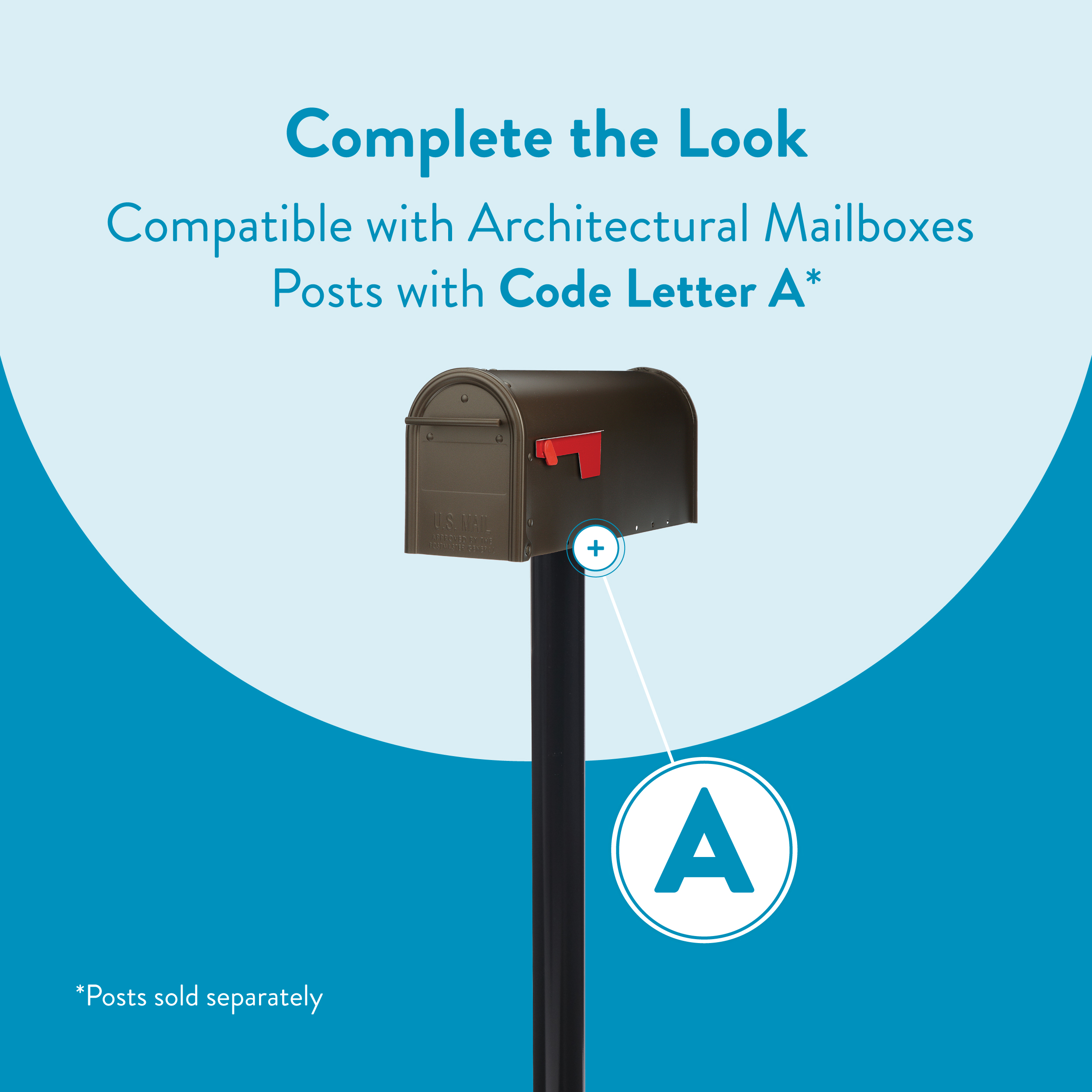 Promotional graphic showing a mailbox on a post with a blue 'A' badge for Code Letter A compatibility for Architectural Mailboxes технологiя.