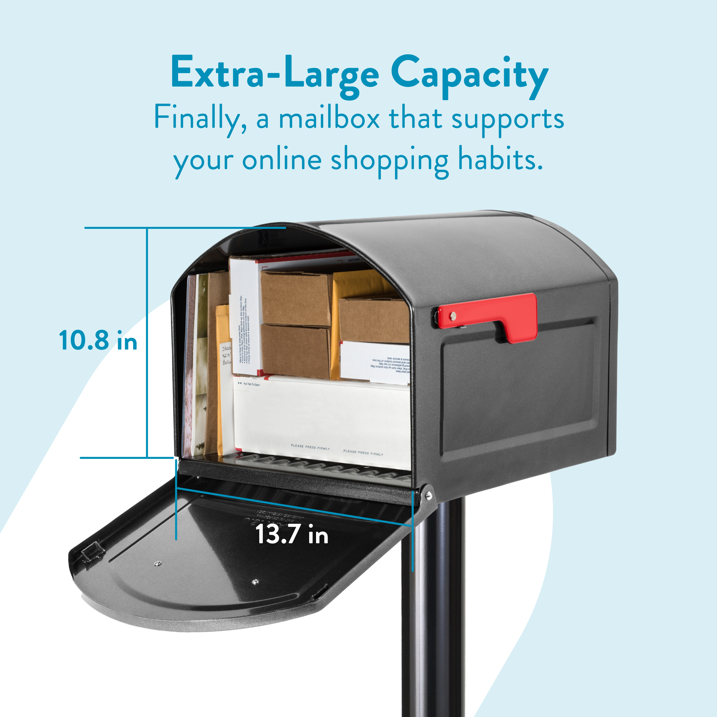 Extra-large mail slot with packed packages inside, highlighting 13.7 in width and 10.8 in height for online shopping ready mailbox.