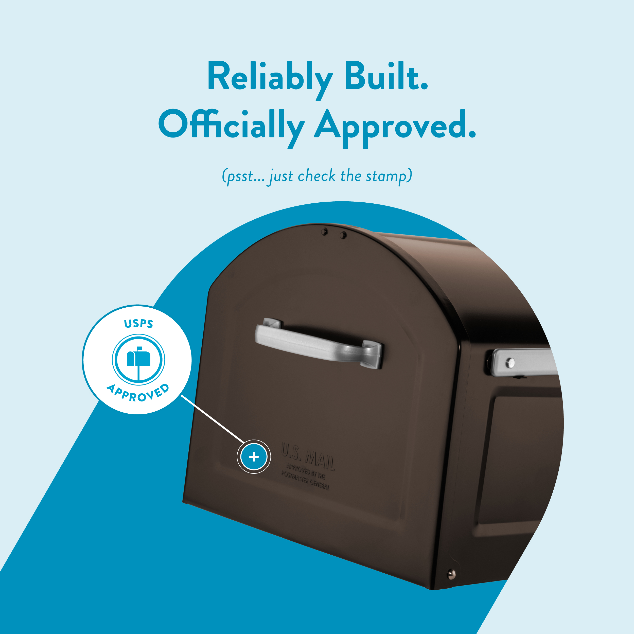 Brown mailbox with a USPS Approved badge overlapping a blue arc and a small plus icon on the front. The title reads 'Reliably Built. Officially Approved.'