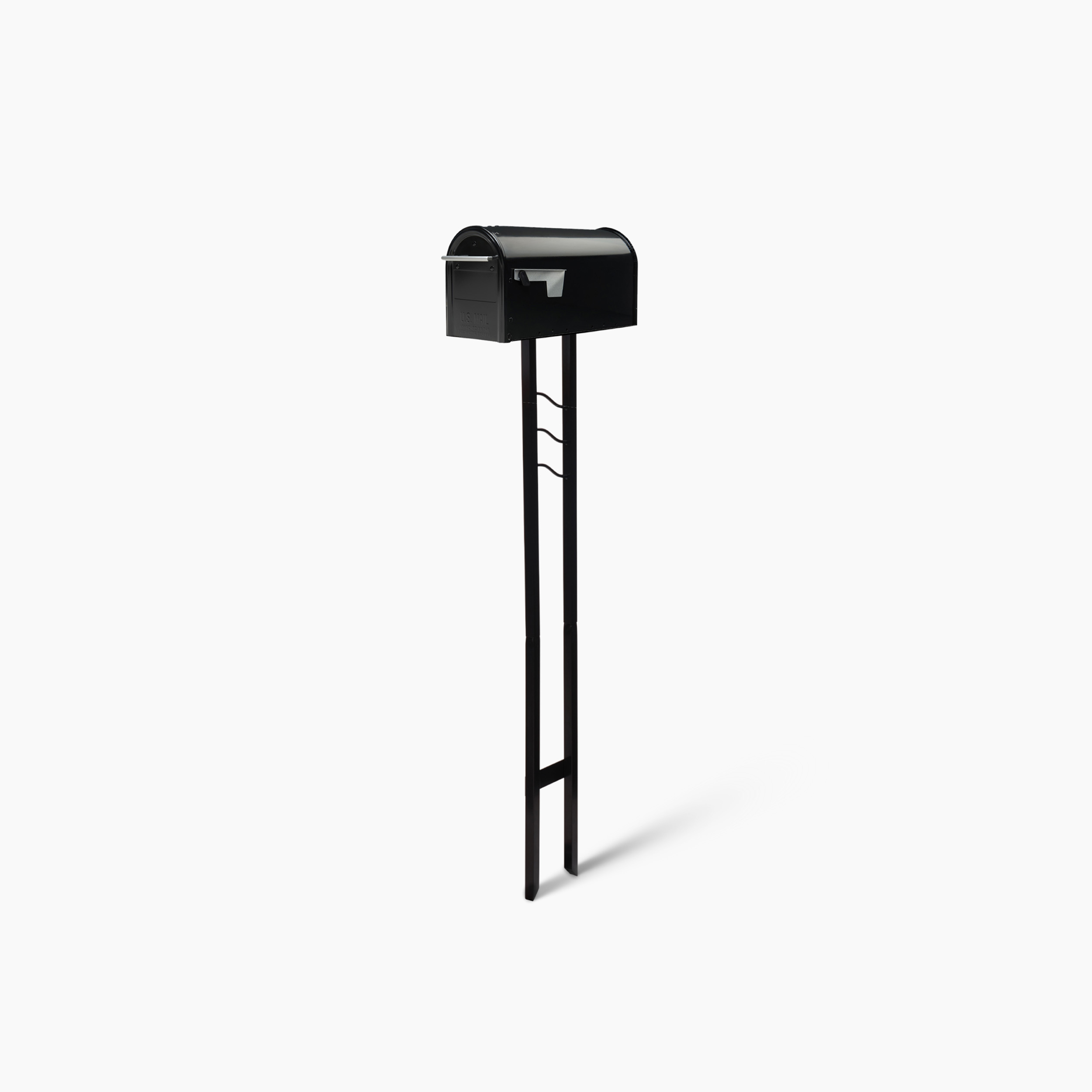 Black curbside mailbox on a tall curved-top post against a white background.