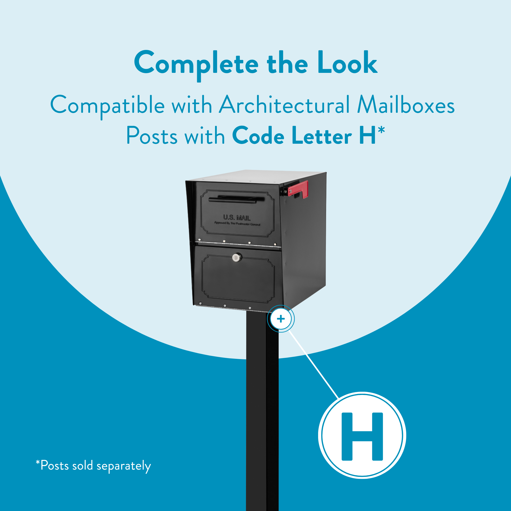 Marketing hero showing a black mailbox on a post against a blue curved background, promoting posts with Code Letter H for Architectural Mailboxes.