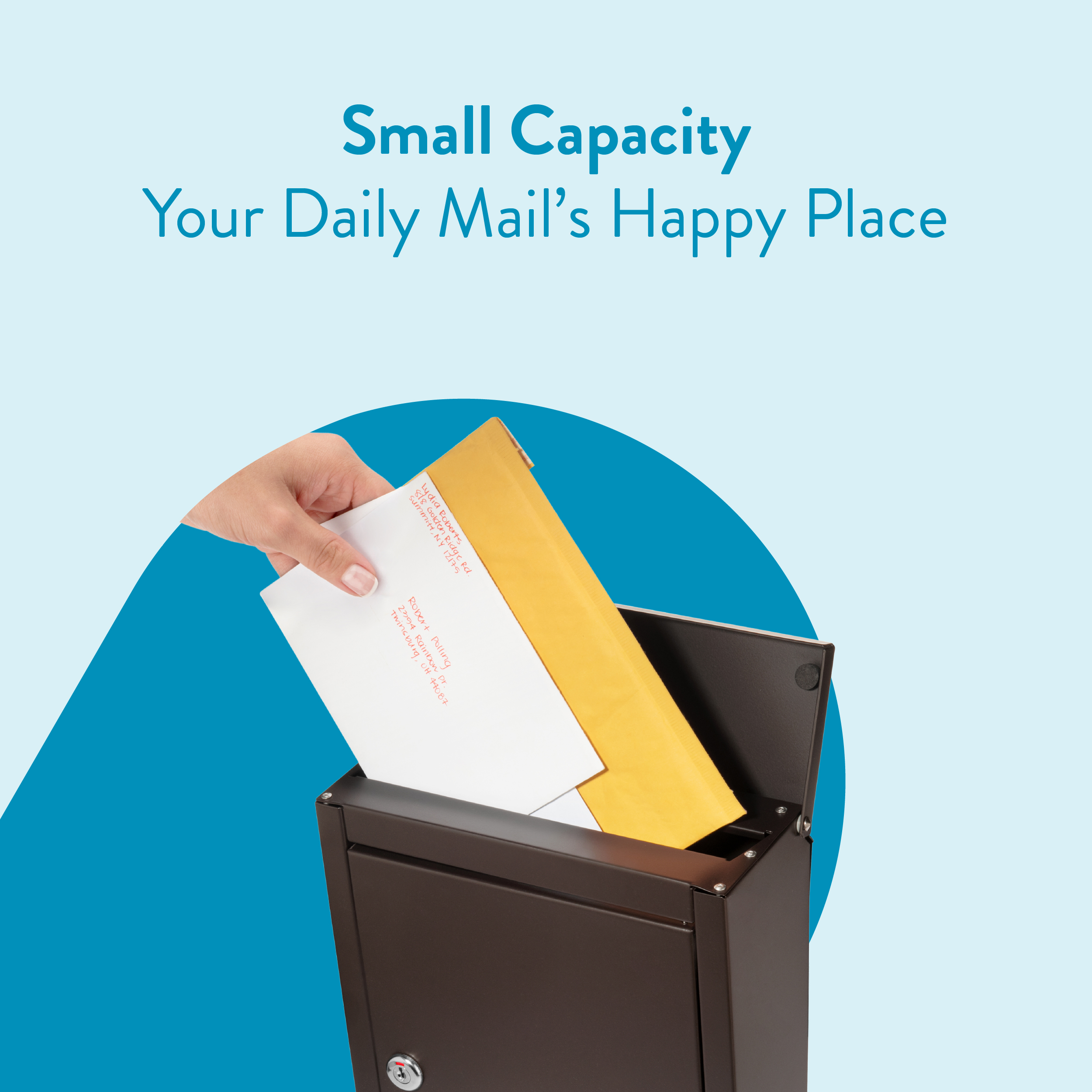 Person inserting letters into a small brown mailbox, with a blue curved backdrop and the slogan 'Small Capacity Your Daily Mail’s Happy Place' above.