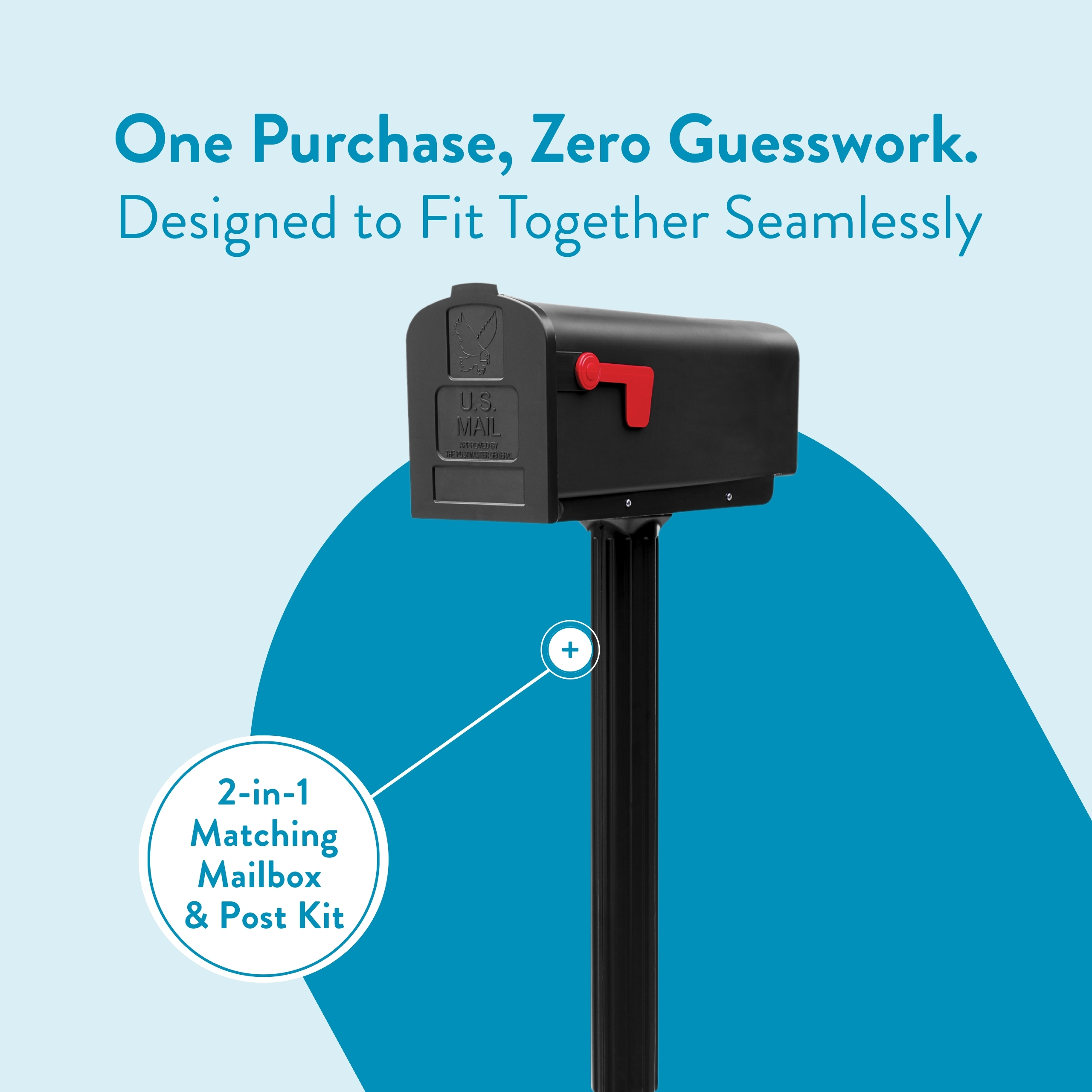 Promotional image of a black mailbox on a post with bold blue text: 'One Purchase, Zero Guesswork. Designed to Fit Together Seamlessly' and a circular badge reading '2-in-1 Matching Mailbox & Post Kit'.