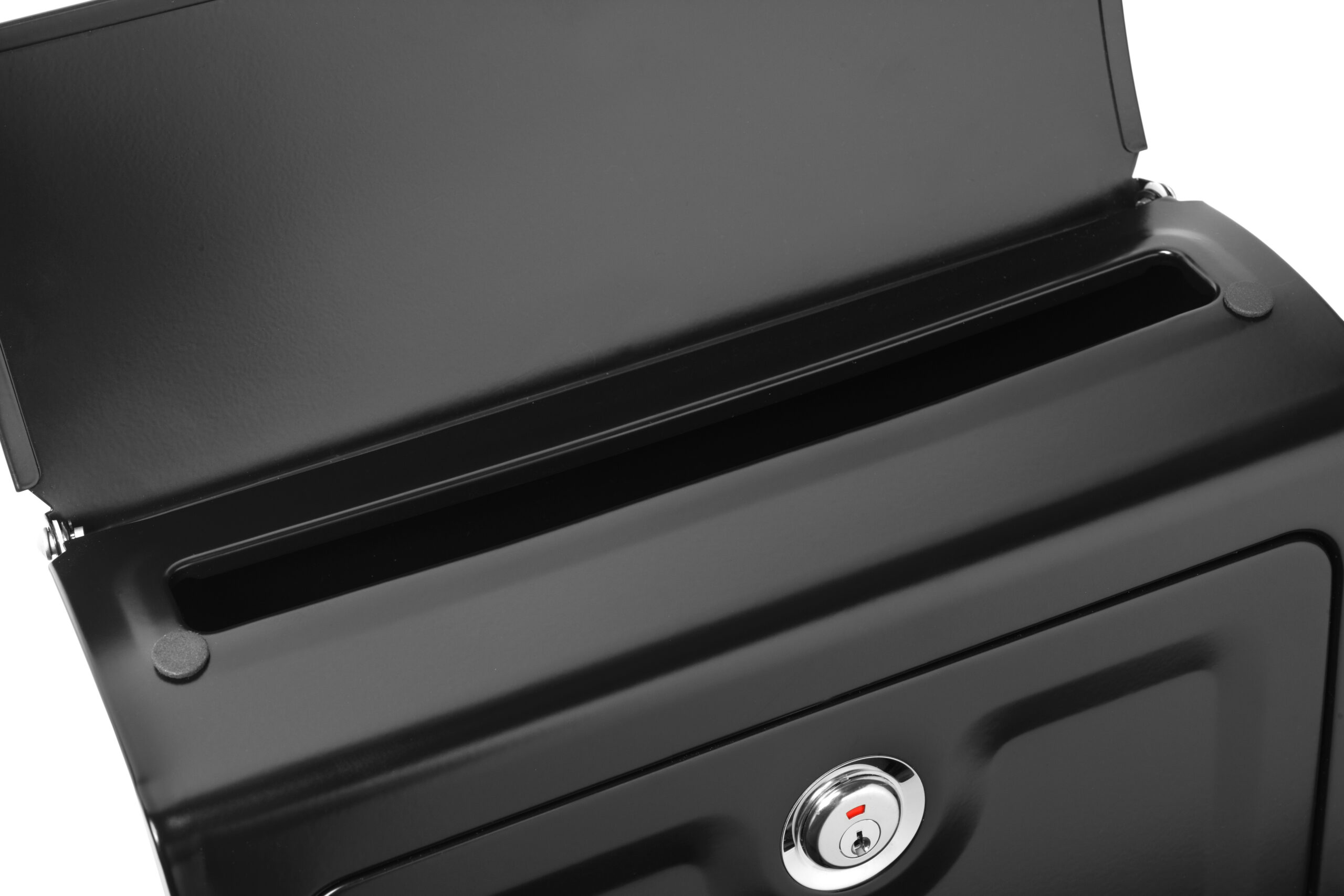 Black metal cash box with a horizontal bill slot and a front lock.