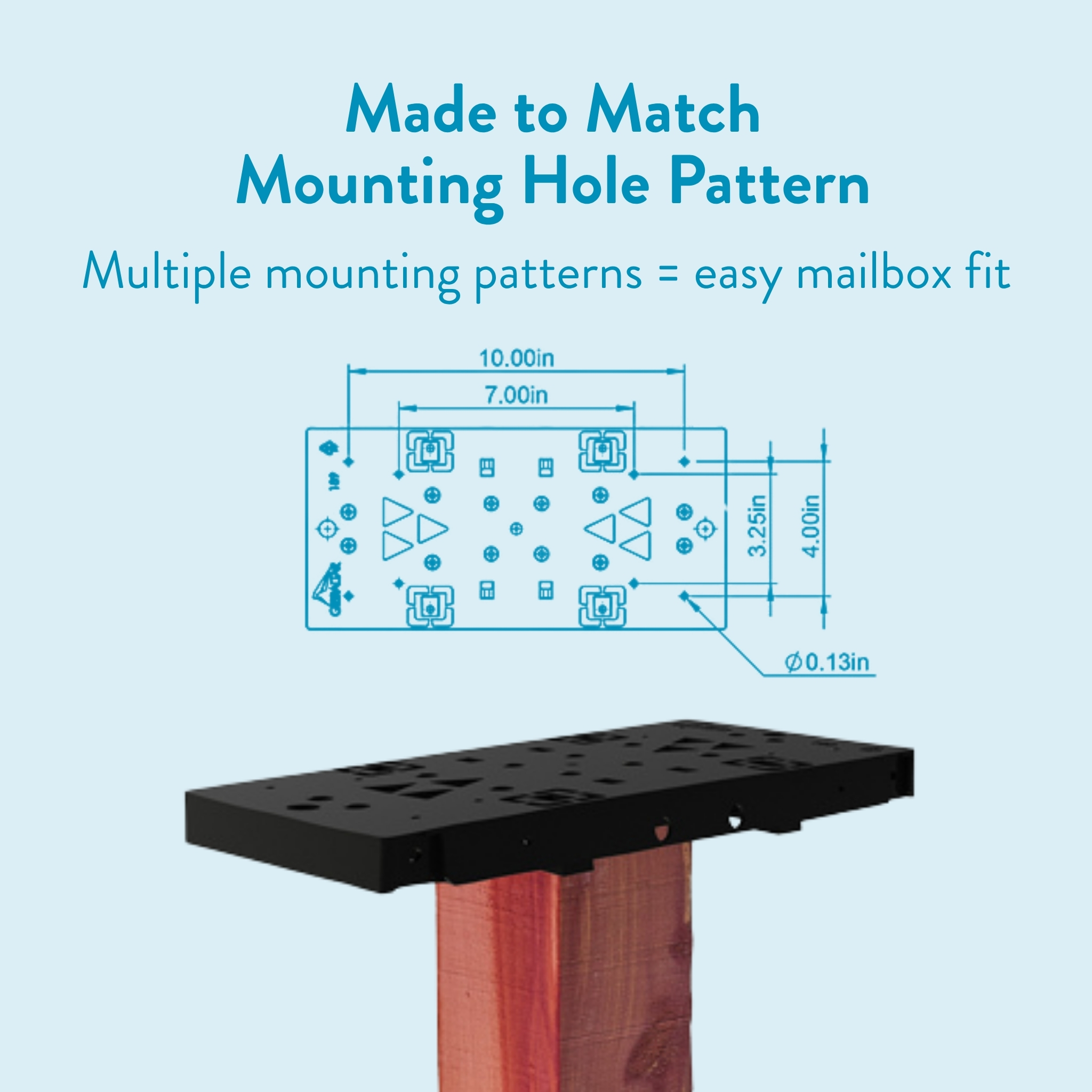 Blueprint-style diagram showing a mounting hole pattern with dimensions for a mailbox, placed above a black mounting plate on a wooden post to indicate compatibility and fit.