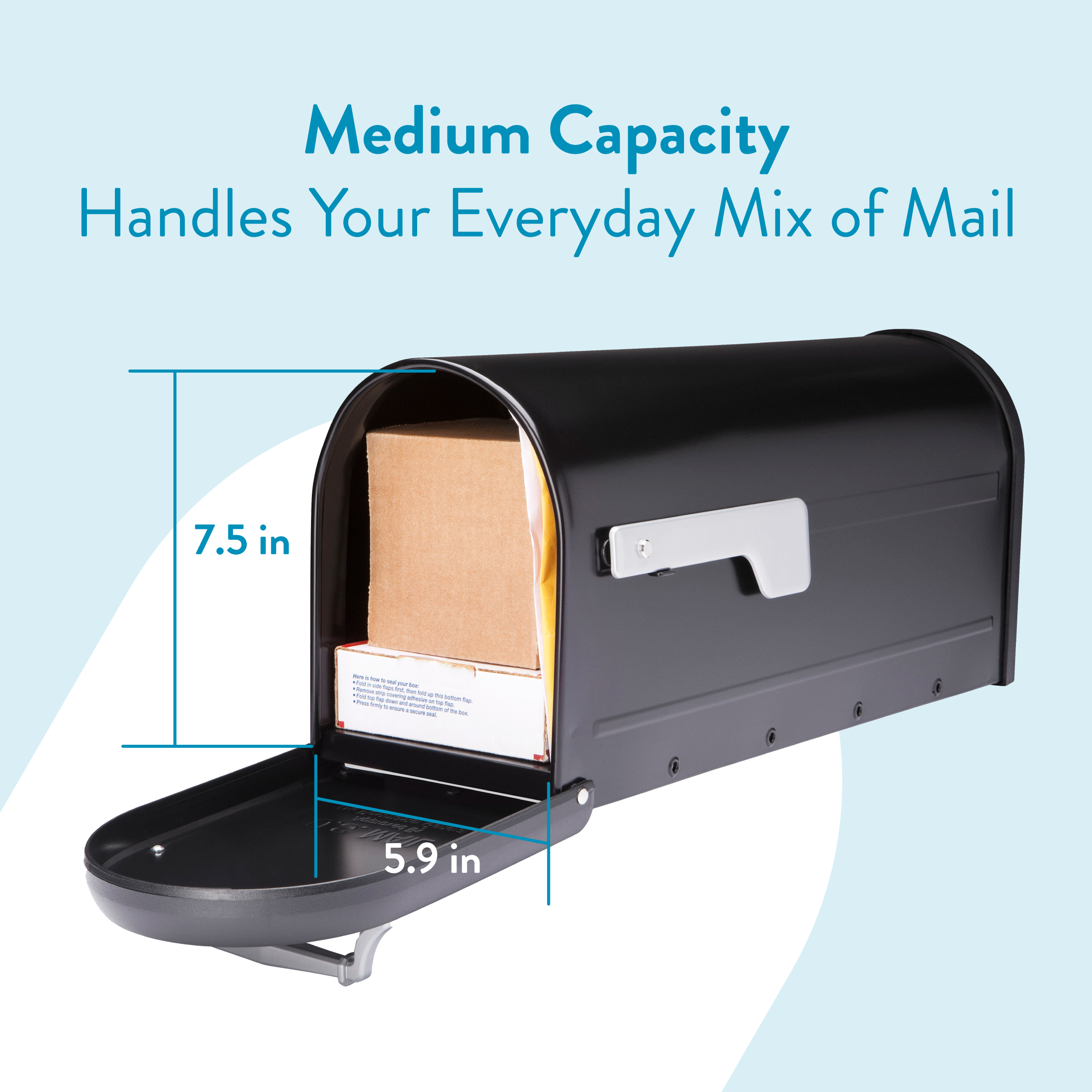 Open black mailbox filled with cardboard packages, illustrating a medium daily mail capacity. Aimed at showing mid-range storage for mail and parcels (7.5 in / 5.9 in references visible).