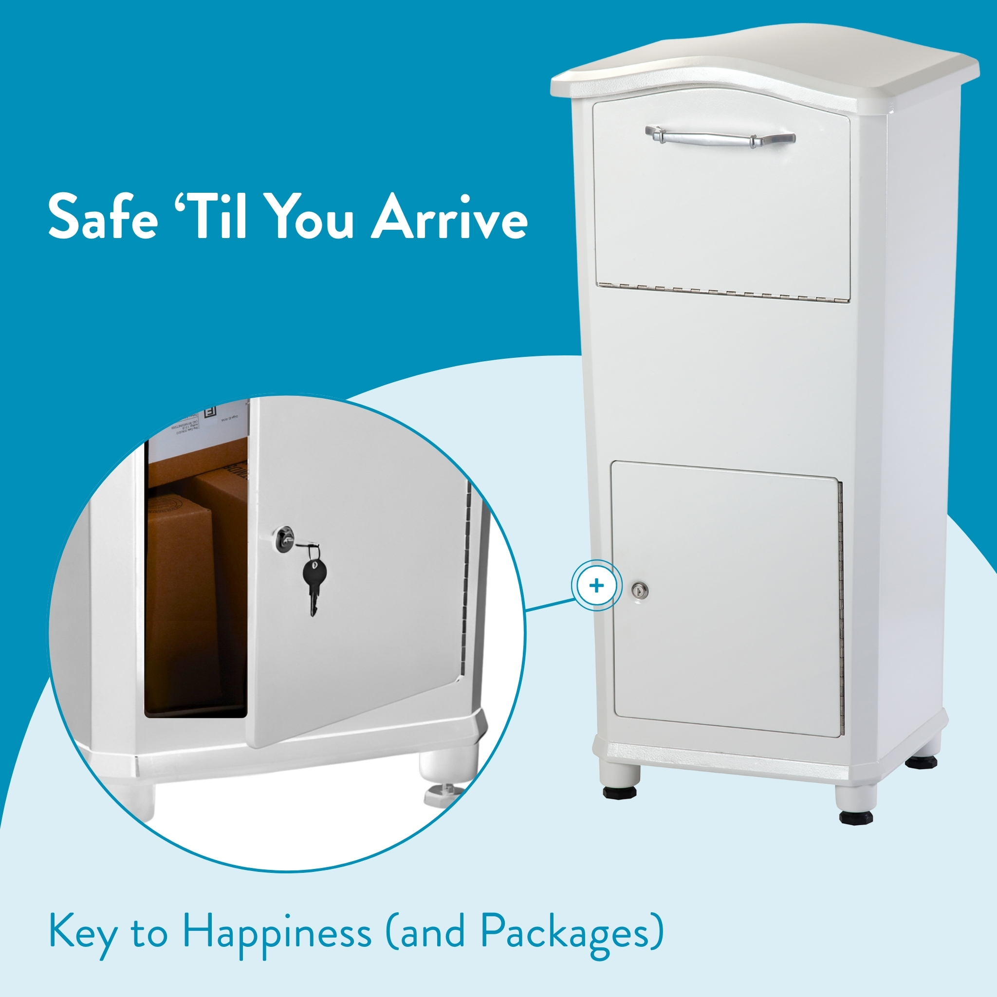 Tall white package locker on teal background with a circular zoom revealing a key lock and inner compartment; caption reads 'Safe ’Til You Arrive'