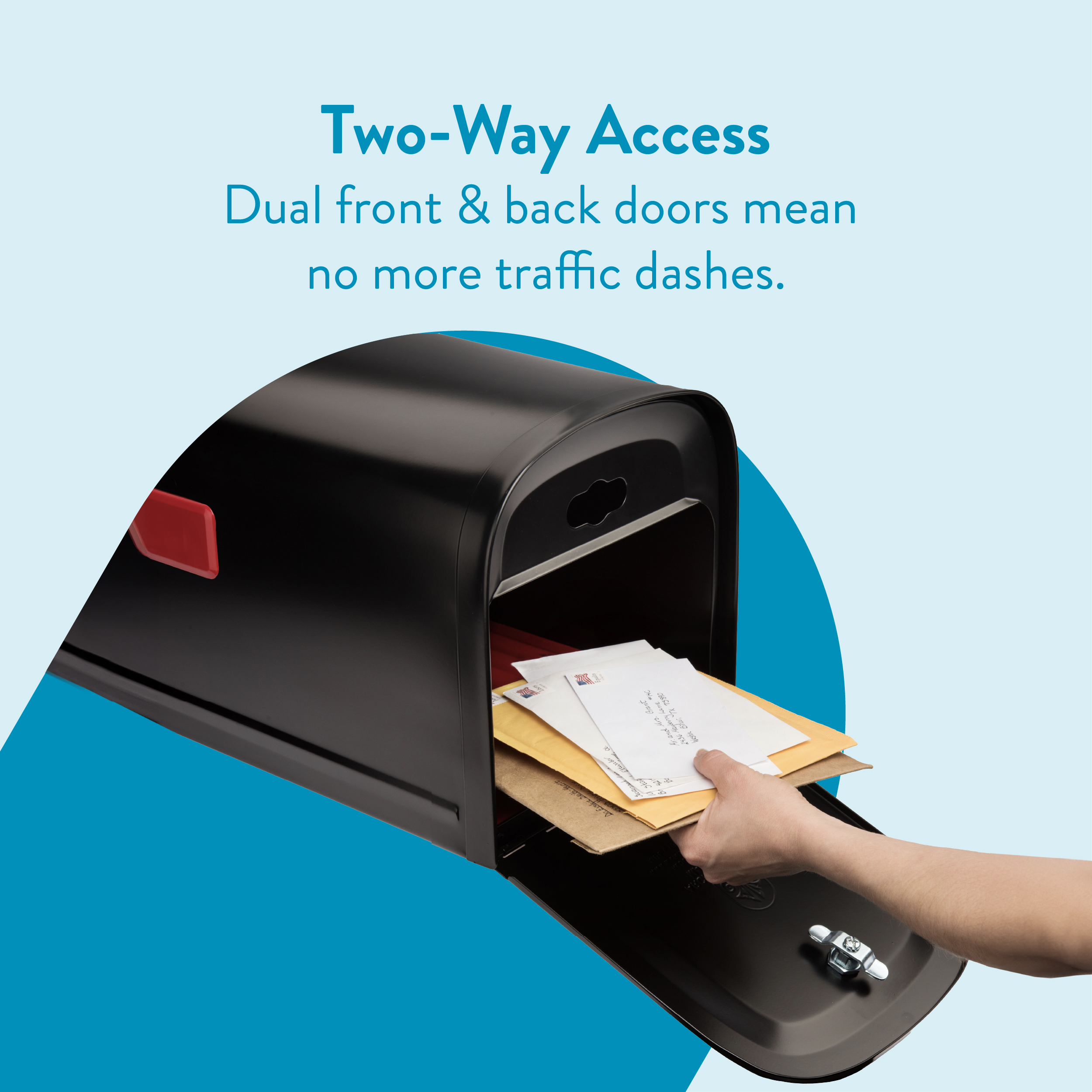 Two-way access mailbox with dual front and back doors; hand inserts letters into the mailbox.
