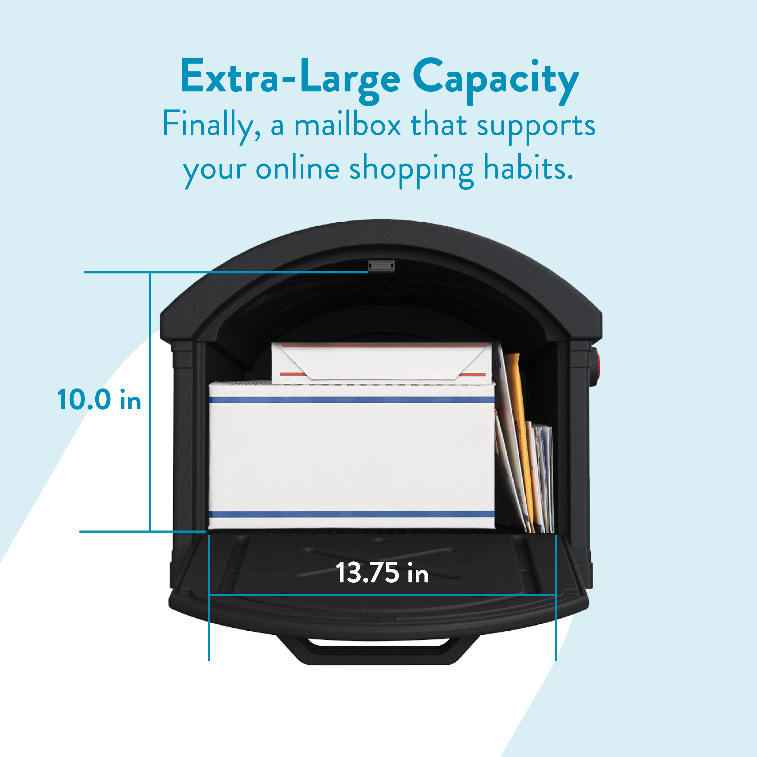 Promotional image of an extra-large mailbox with interior papers, highlighting 10 in height and 13.75 in width for larger capacity.