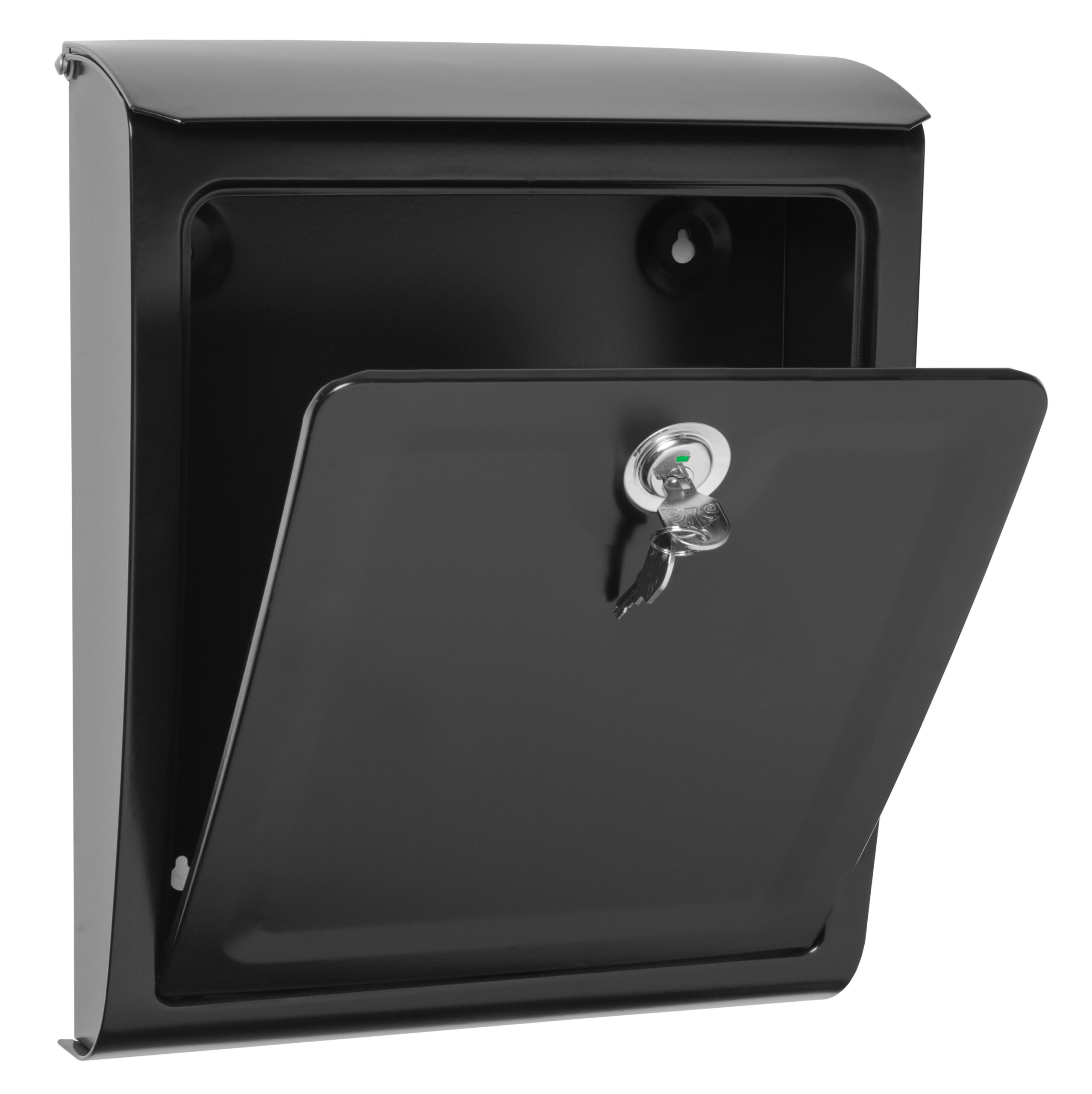 Black wall-mounted mailbox with its front door open and a set of keys hanging from the lock