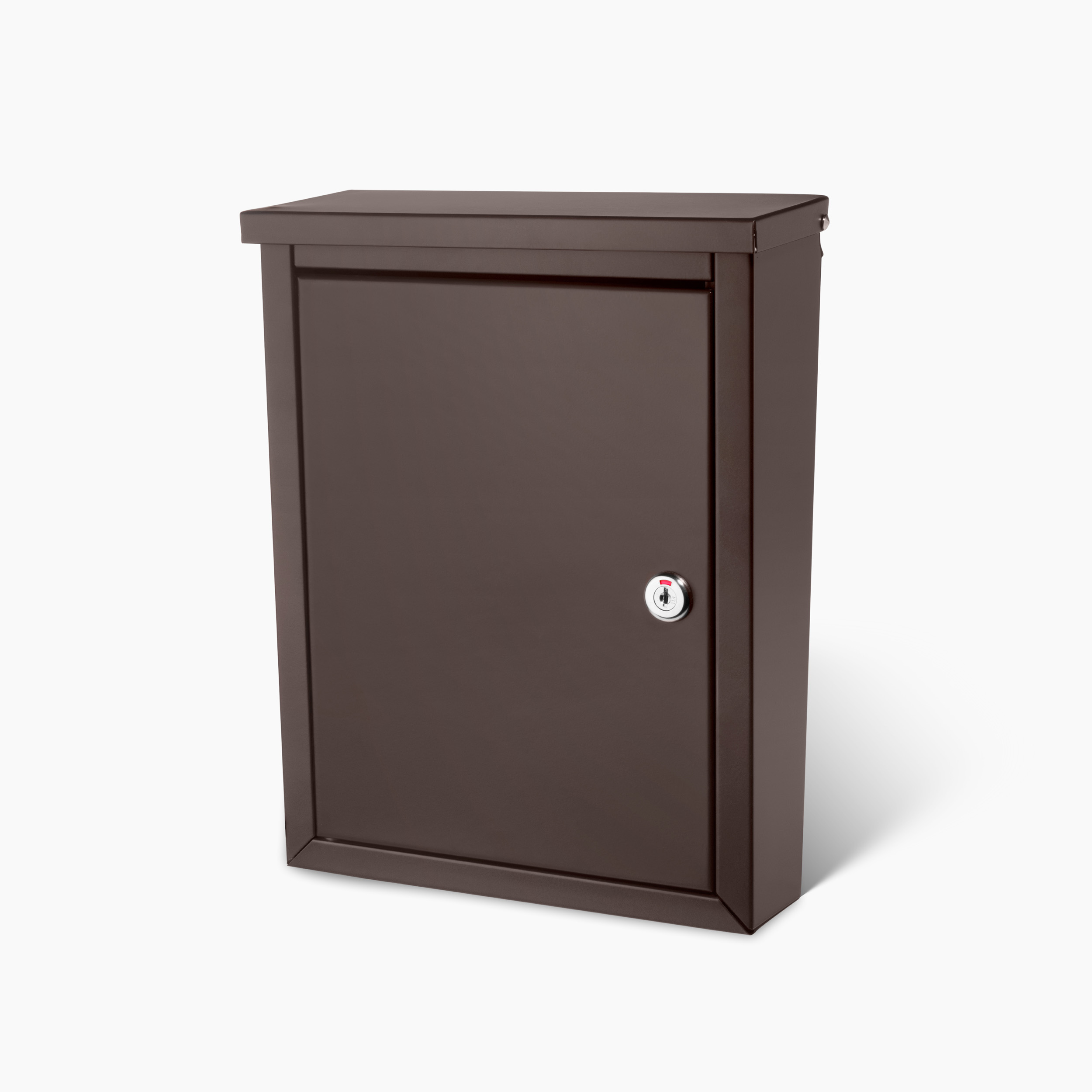 Brown metal lockable mailbox with a front access door and a small keyhole lock.