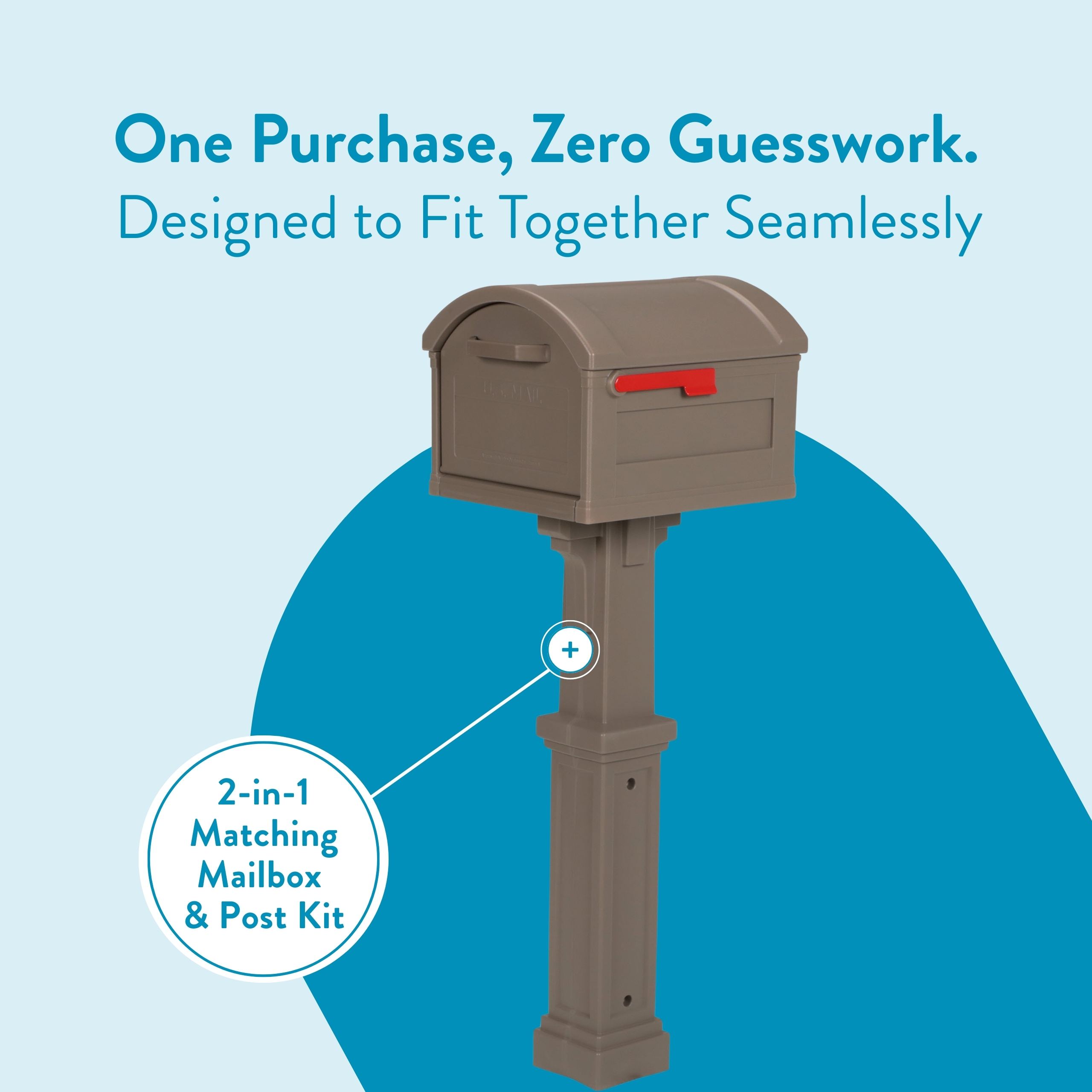 Brown mailbox on a tall post against a light blue background; includes circular label reading '2-in-1 Matching Mailbox & Post Kit' and headline 'One Purchase, Zero Guesswork'.