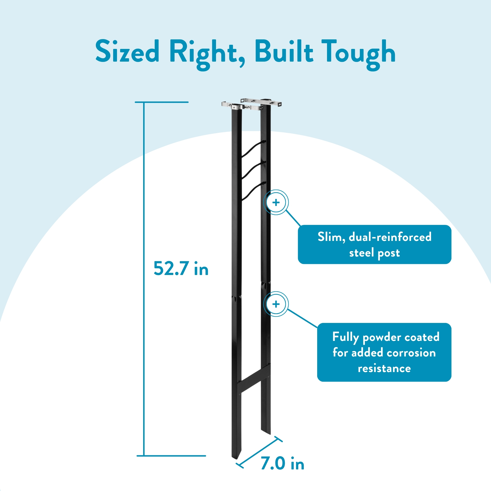 Slim dual-reinforced steel post, 52.7 in tall with a 7 in base, powder-coated for corrosion resistance.