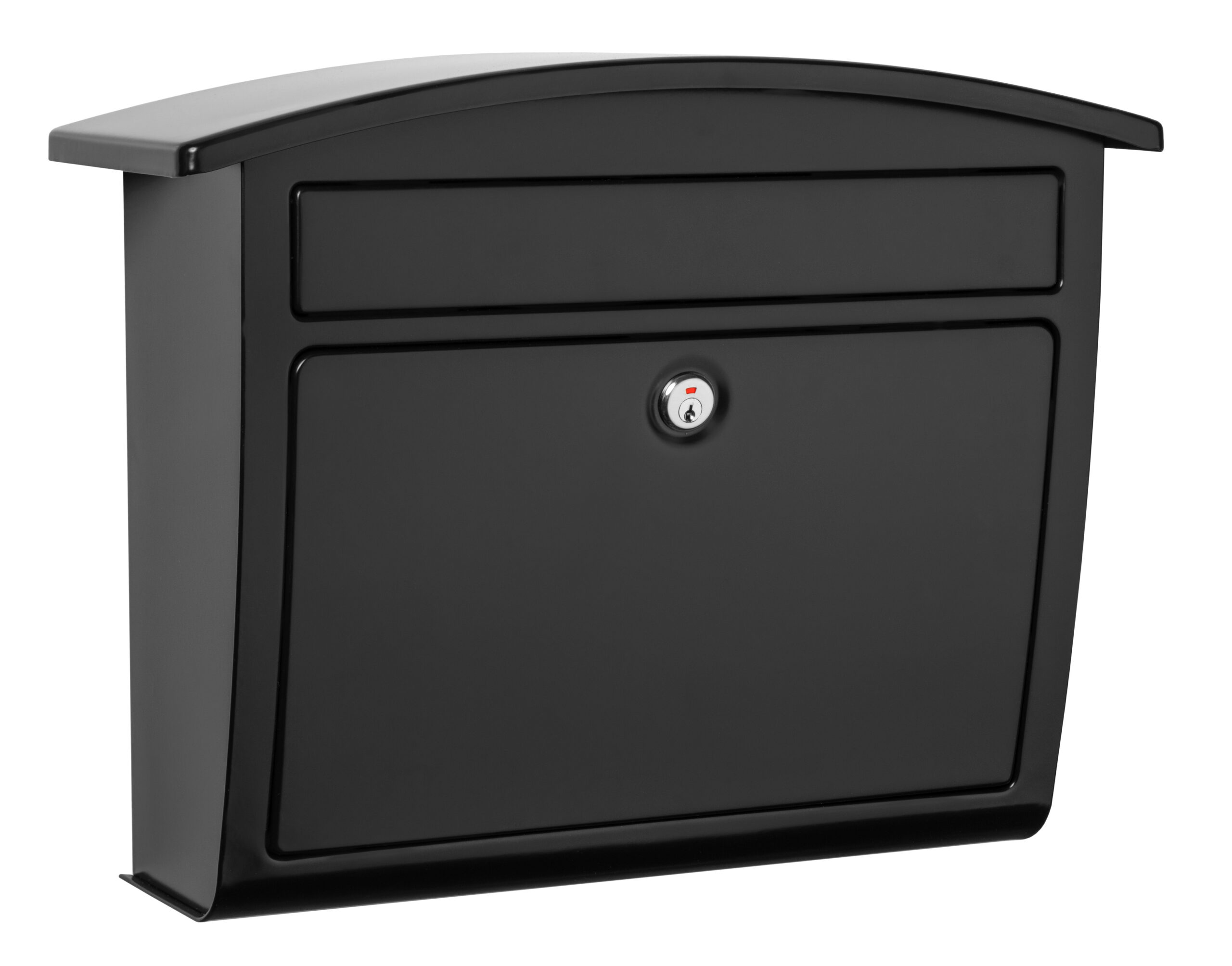 Black wall-mounted mailbox with a curved top and front-mounted lock form the main features of this outdoor unit.