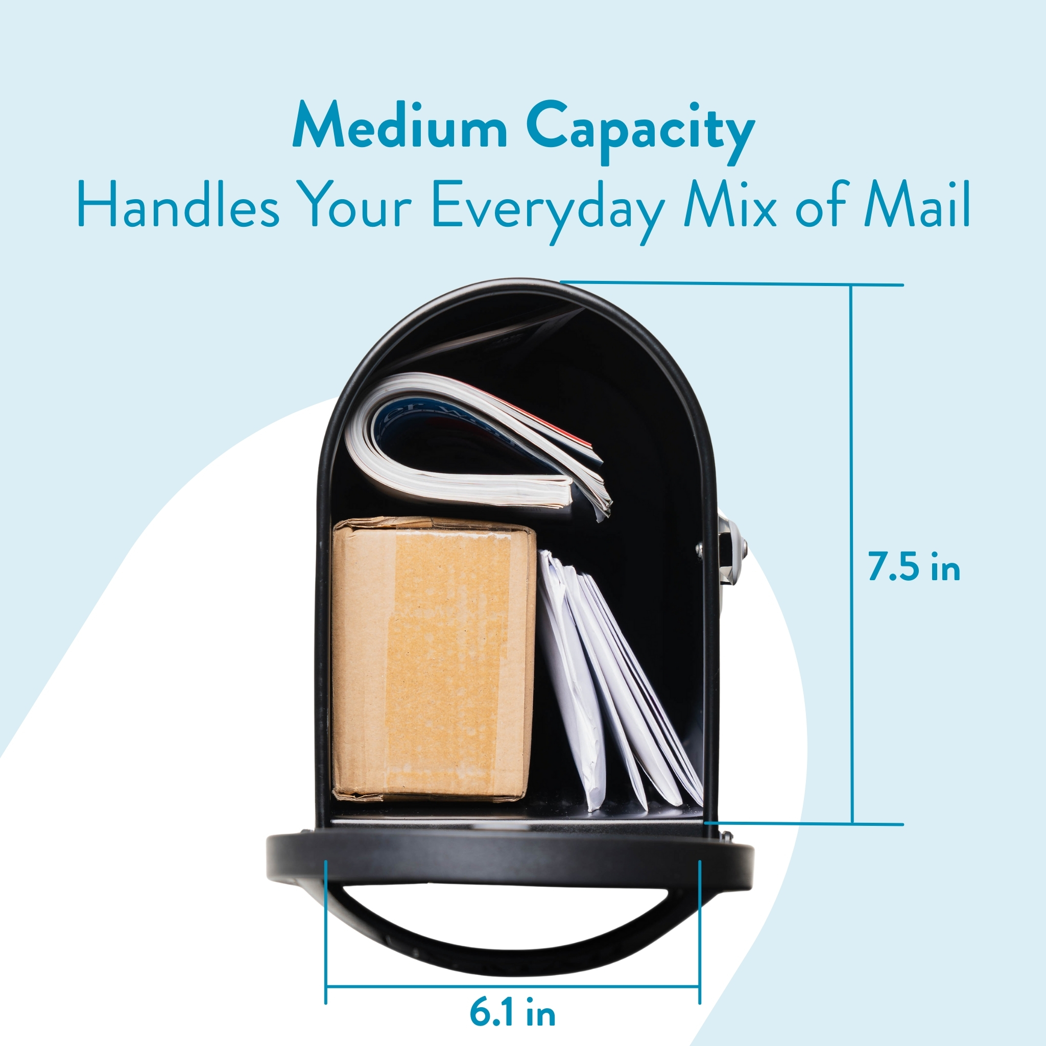 Medium-capacity mailbox filled with a cardboard box and mail, with measurements indicating 7.5 in tall and 6.1 in wide.