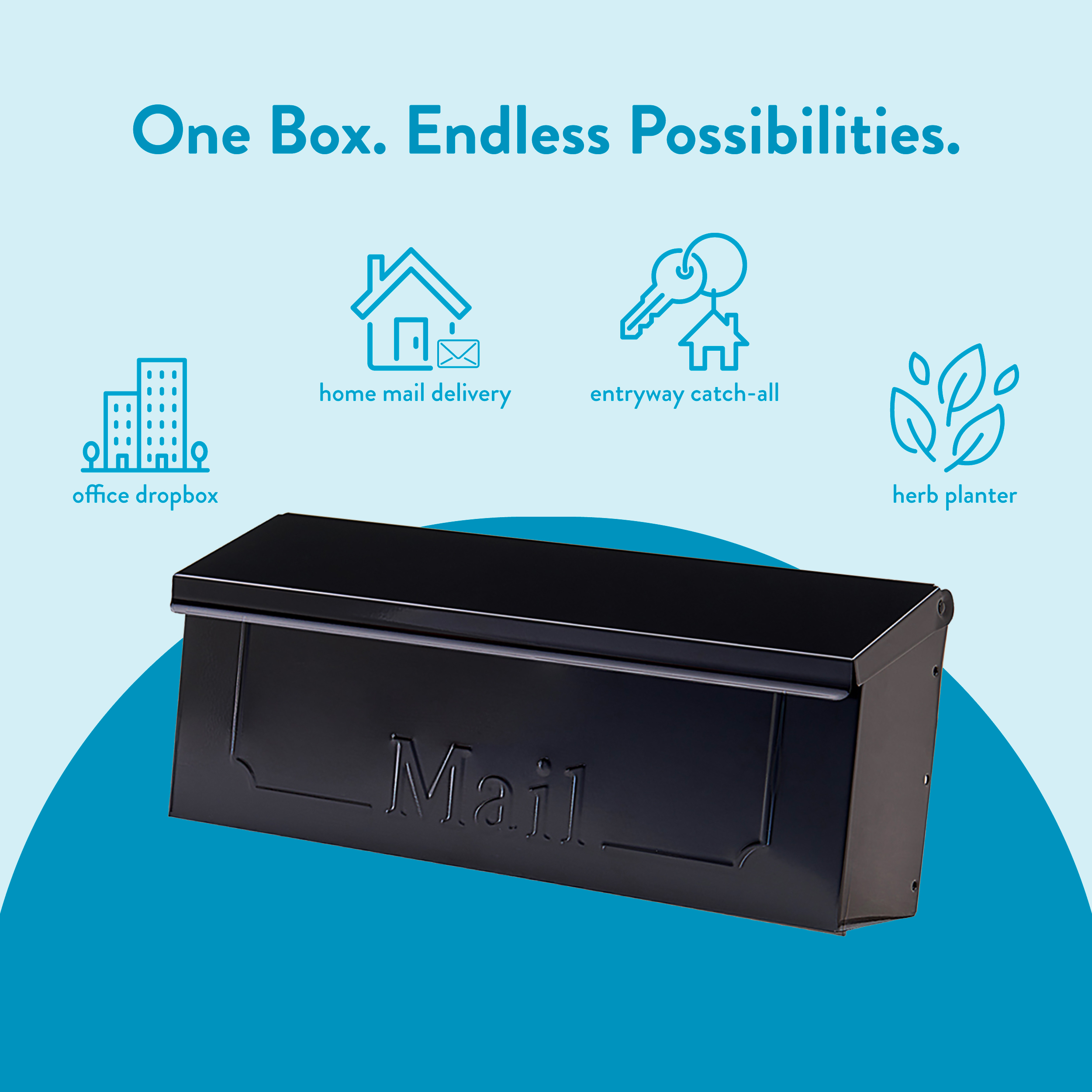 Marketing graphic showing a black mailbox with blue icons: office dropbox, home mail delivery, entryway catch-all, herb planter; slogan at top.