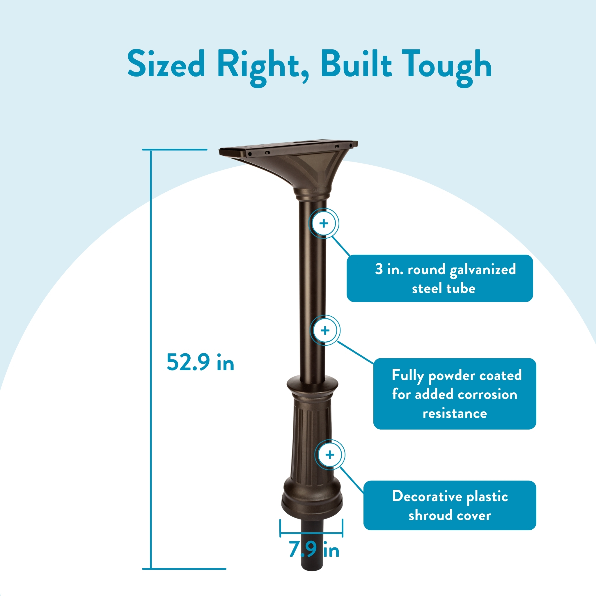 Infographic street lamp post showing height 52.9 in, base width 7.9 in, with features like 3 in galvanized steel tube, powder coating, decorative shroud.