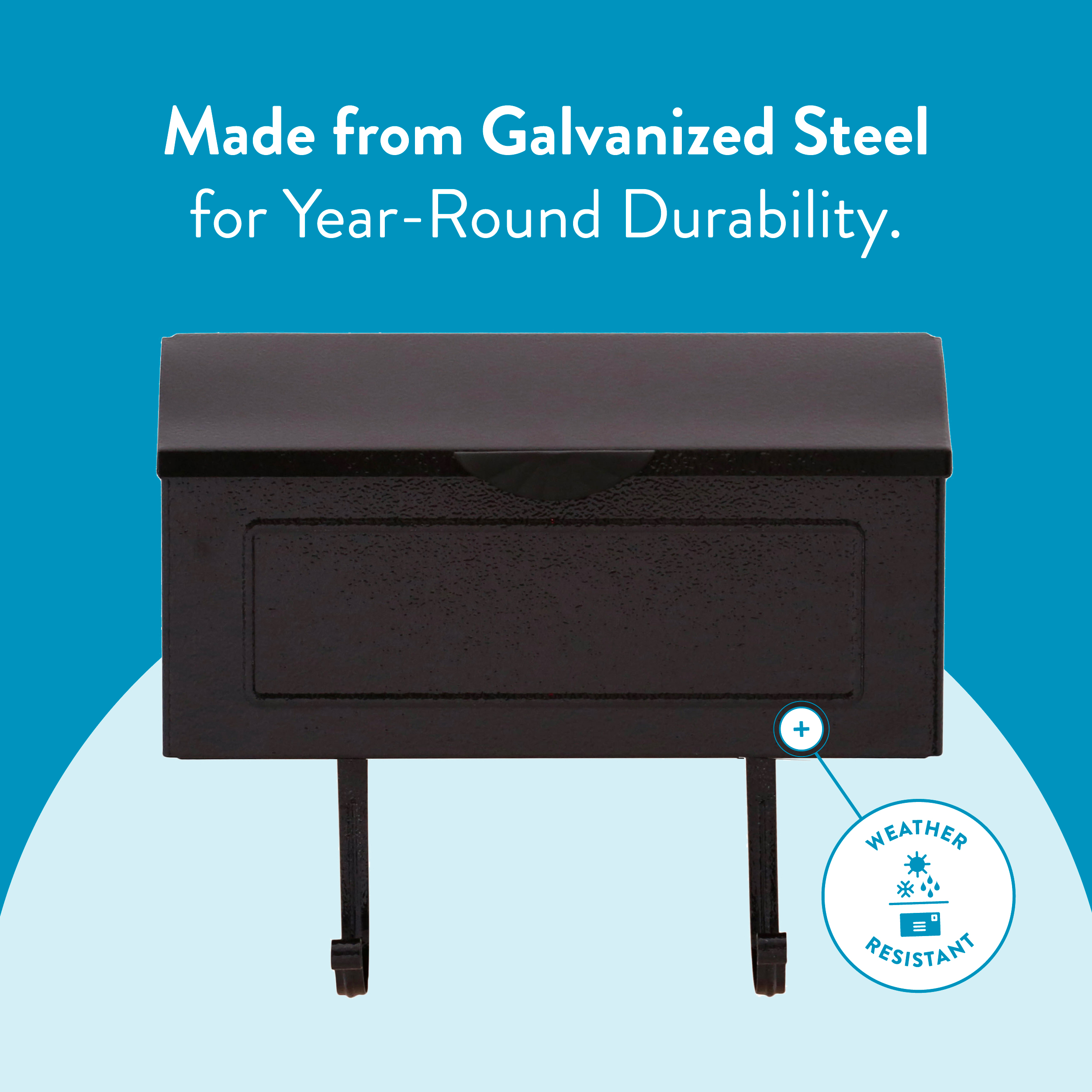 Galvanized-steel mailbox on a blue background with a weather-resistant badge and the slogan about year-round durability.
