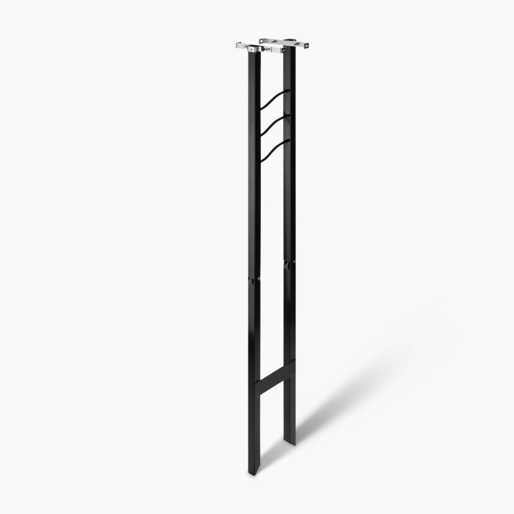 Tall black metal freestanding rack with three curved hooks at the top for hanging items