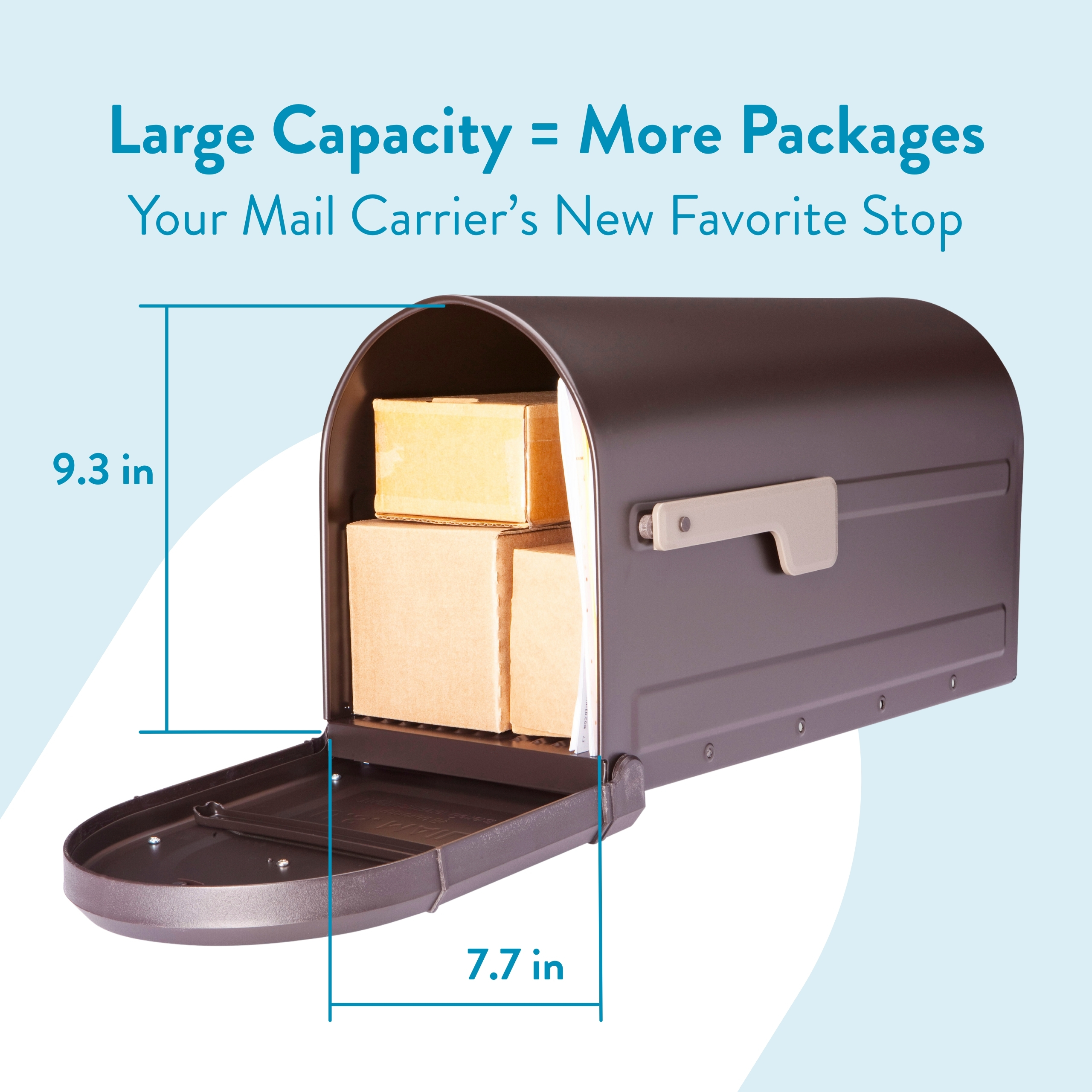Open, dark gray mailbox filled with cardboard boxes, illustrating large capacity for more packages.