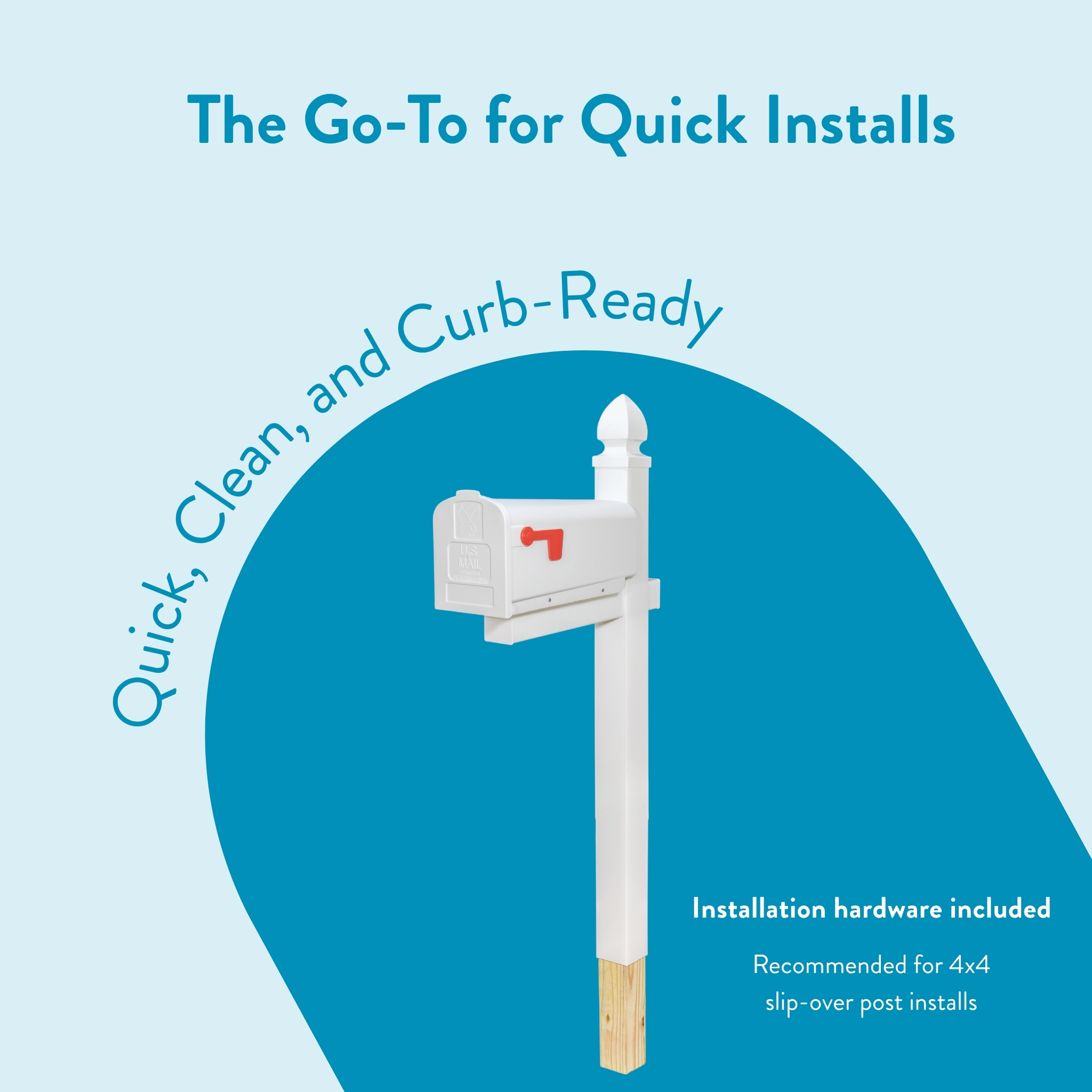 Promotional poster showing a white curb-post mailbox on a wooden post with blue background and curved text: 'The Go-To for Quick Installs' and 'Installation hardware included' (ad for curb-ready mailbox installations).