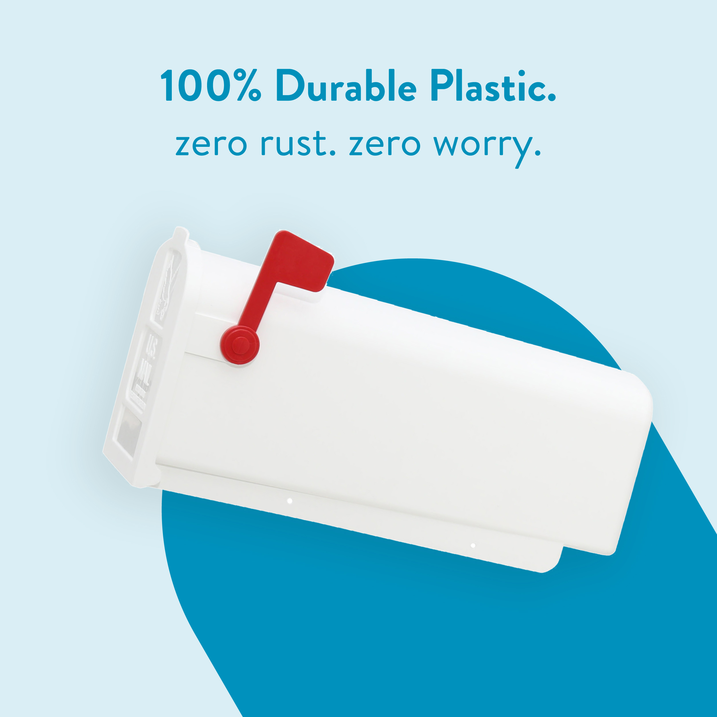 Durable plastic product with a red lever on a white unit, set against a blue circular background, promoting rust-free performance.