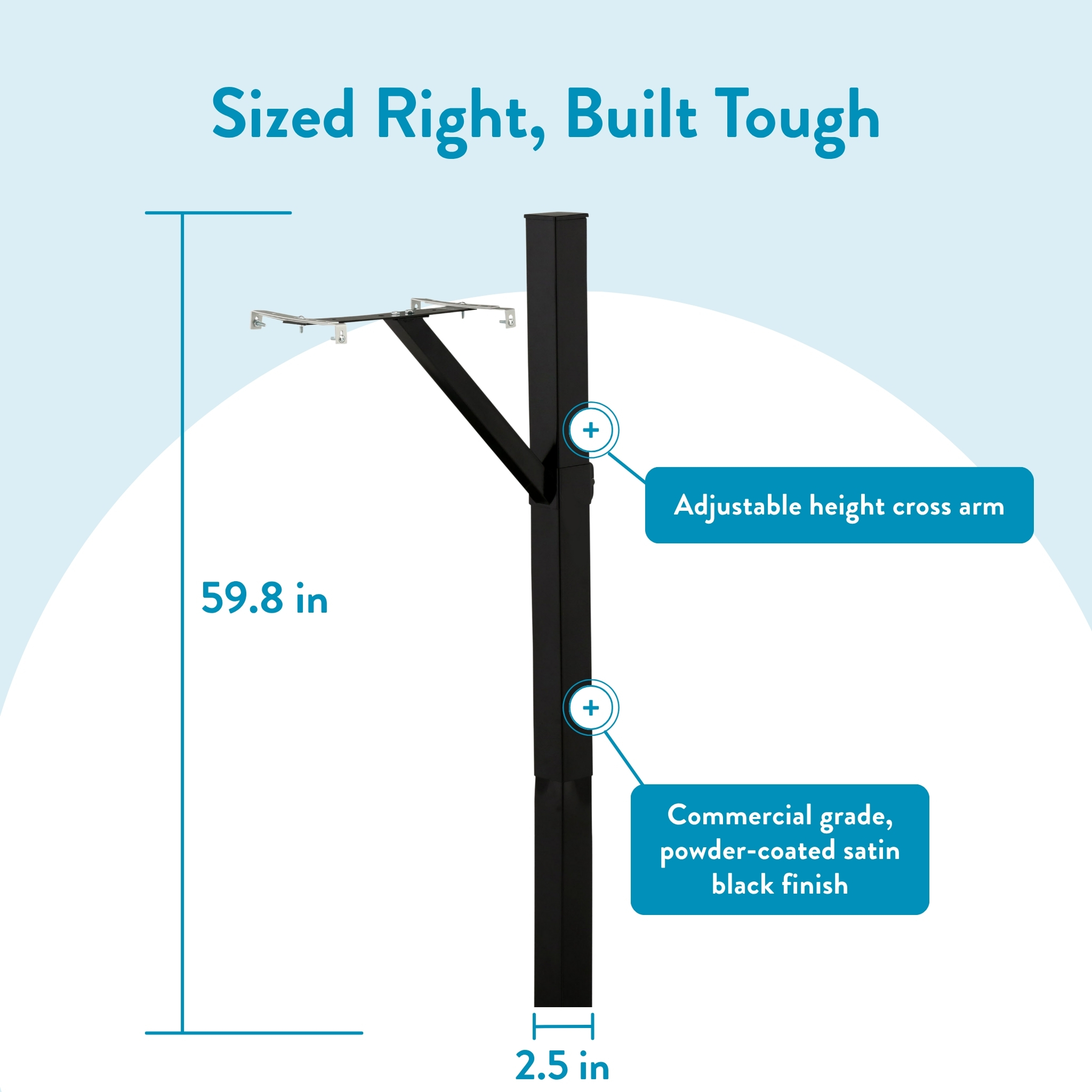 Tall black steel pull-up post with adjustable cross arm; infographic notes 59.8 inches tall and 2.5 inch base, satin black finish.