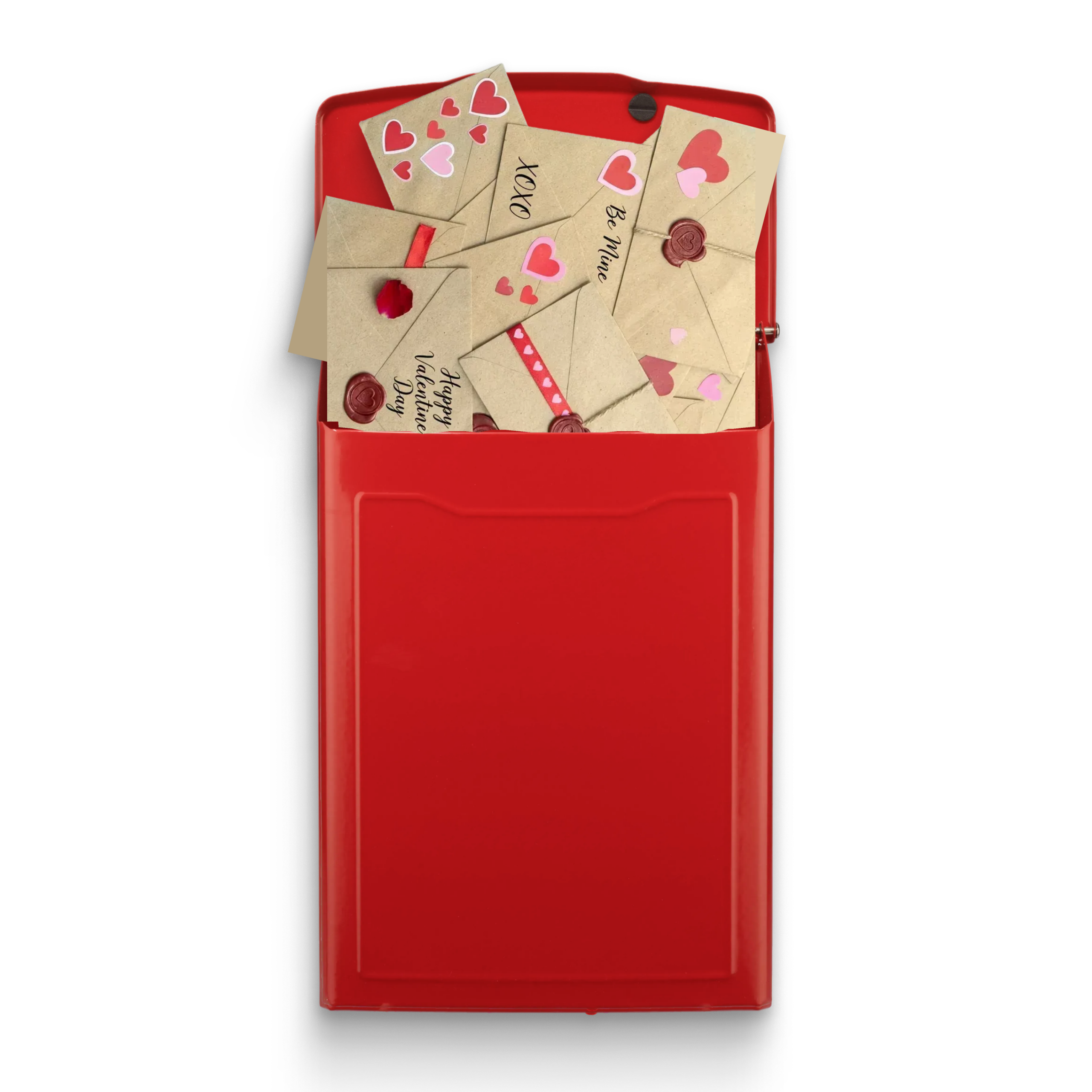 Red mailbox with a full slot overflowing with brown envelopes decorated with hearts for Valentine’s Day, conveying love letters being sent.