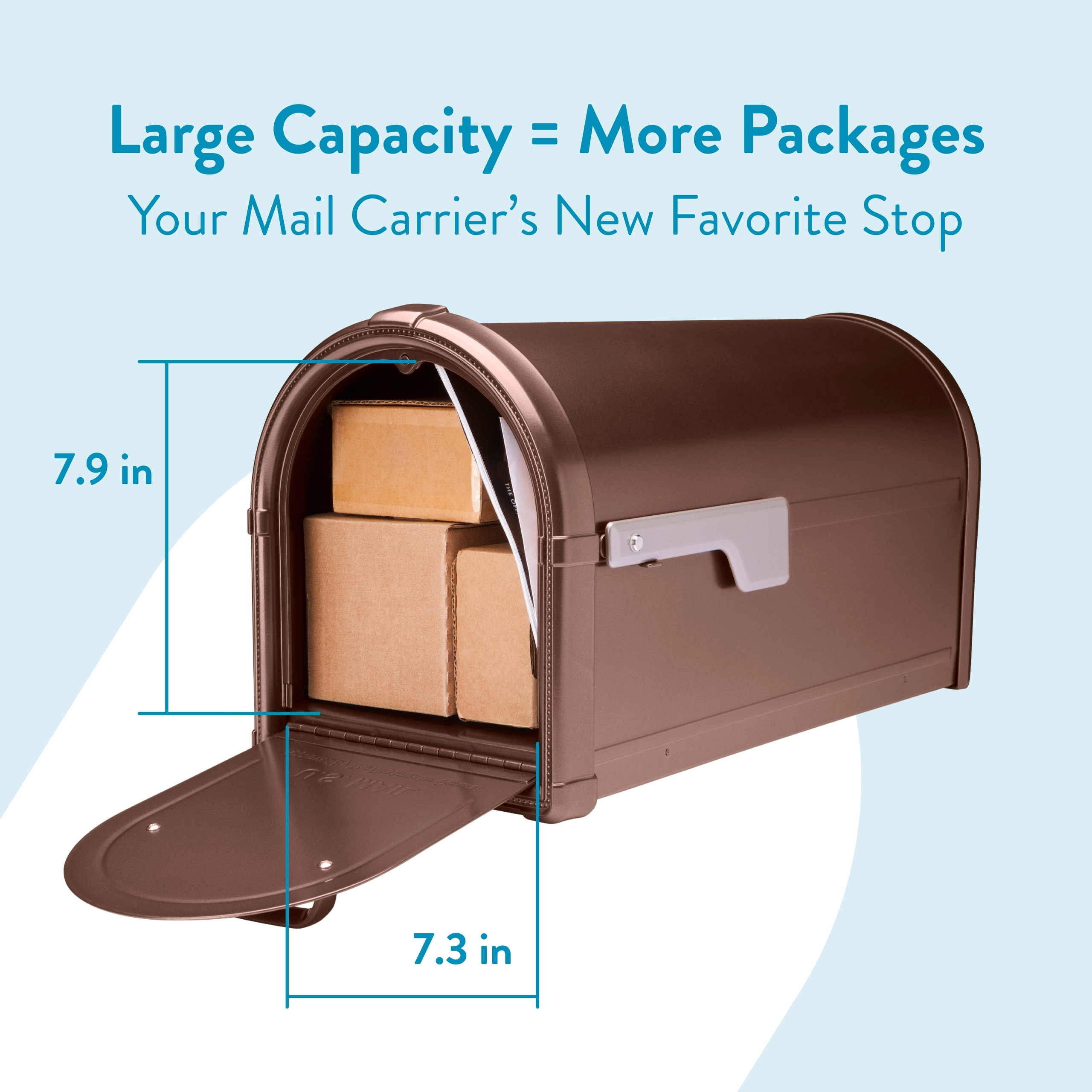 Brown mailbox with its front door open, showing packed boxes inside; text above reads 'Large Capacity = More Packages' with dimension lines labeled 7.9 in and 7.3 in