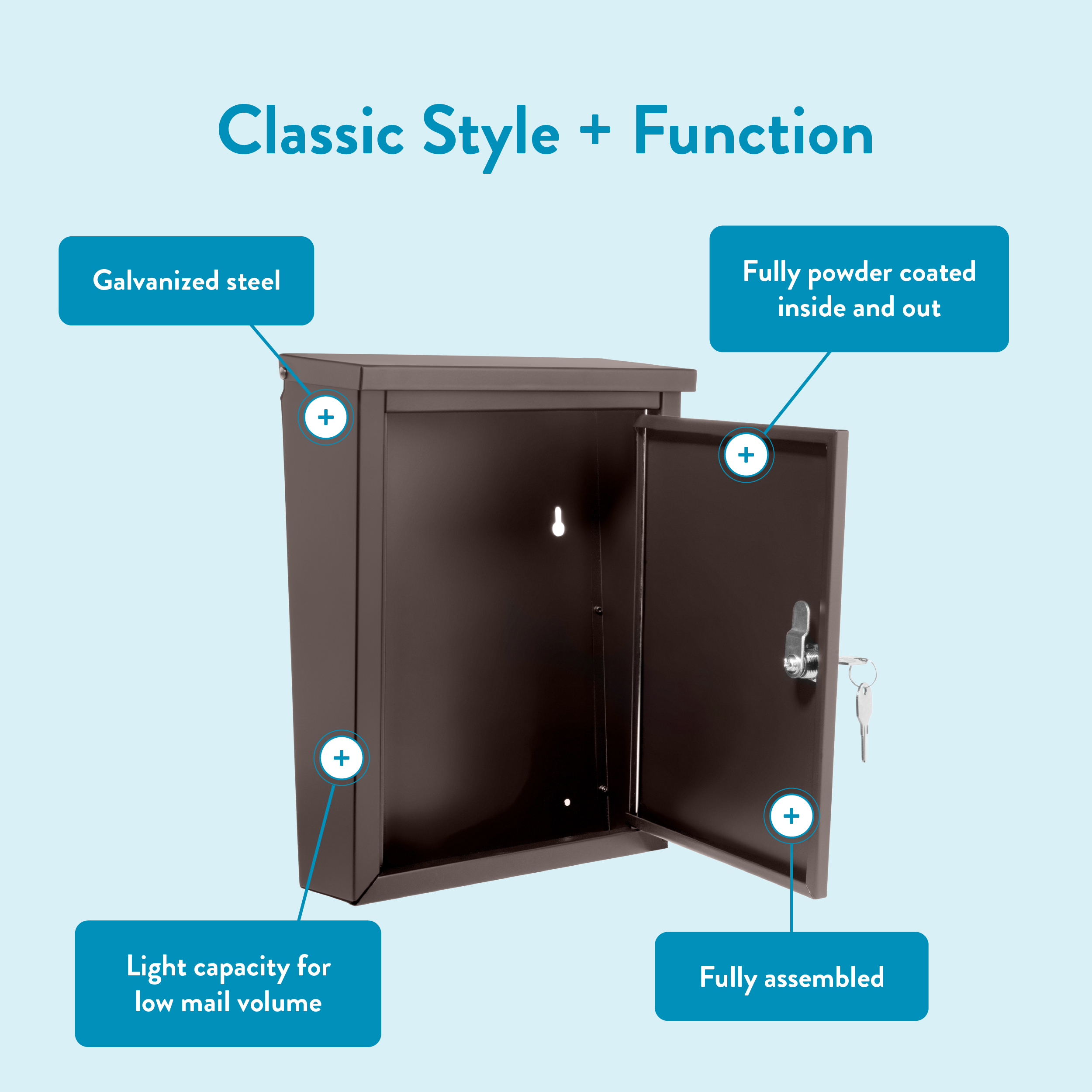Open brown mailbox highlighting features: galvanized steel, powder-coated inside and out, light mail capacity, and fully assembled.