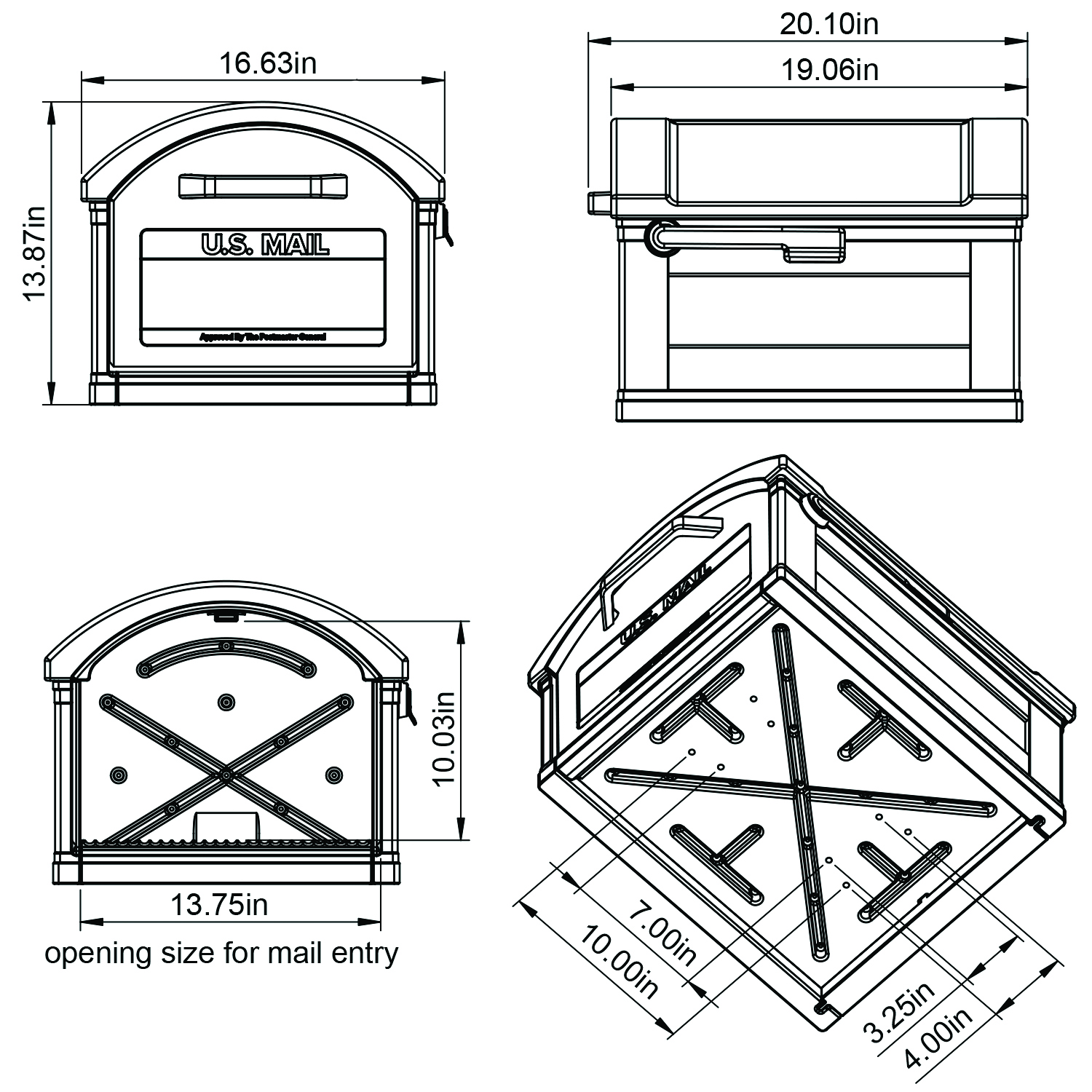 Technical drawing of a U.S. mailbox shown from multiple angles with labeled dimensions, including the front label 'U.S. MAIL'.