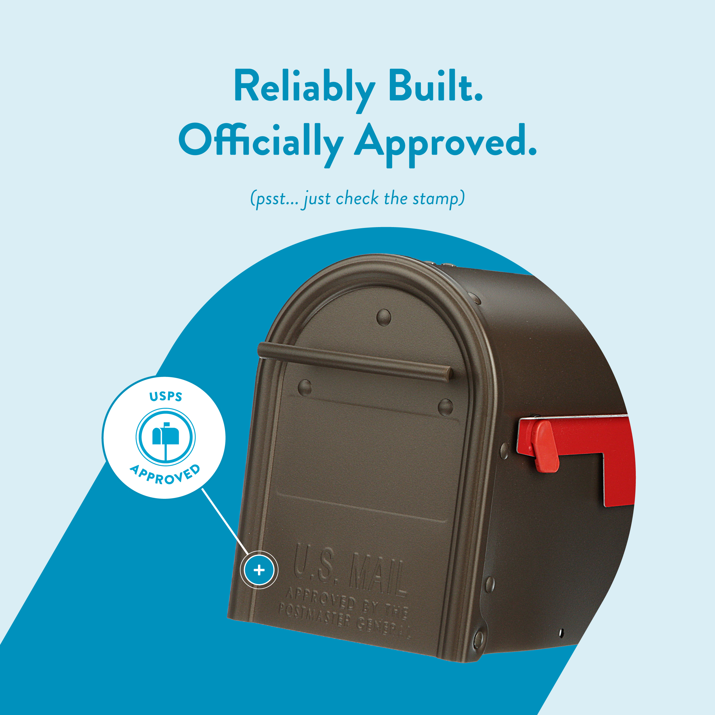 Poster-style image of a brown USPS mailbox with a red flag on a blue curved backdrop, featuring a round USPS Approved stamp and the headline 'Reliably Built. Officially Approved. (psst... just check the stamp)'