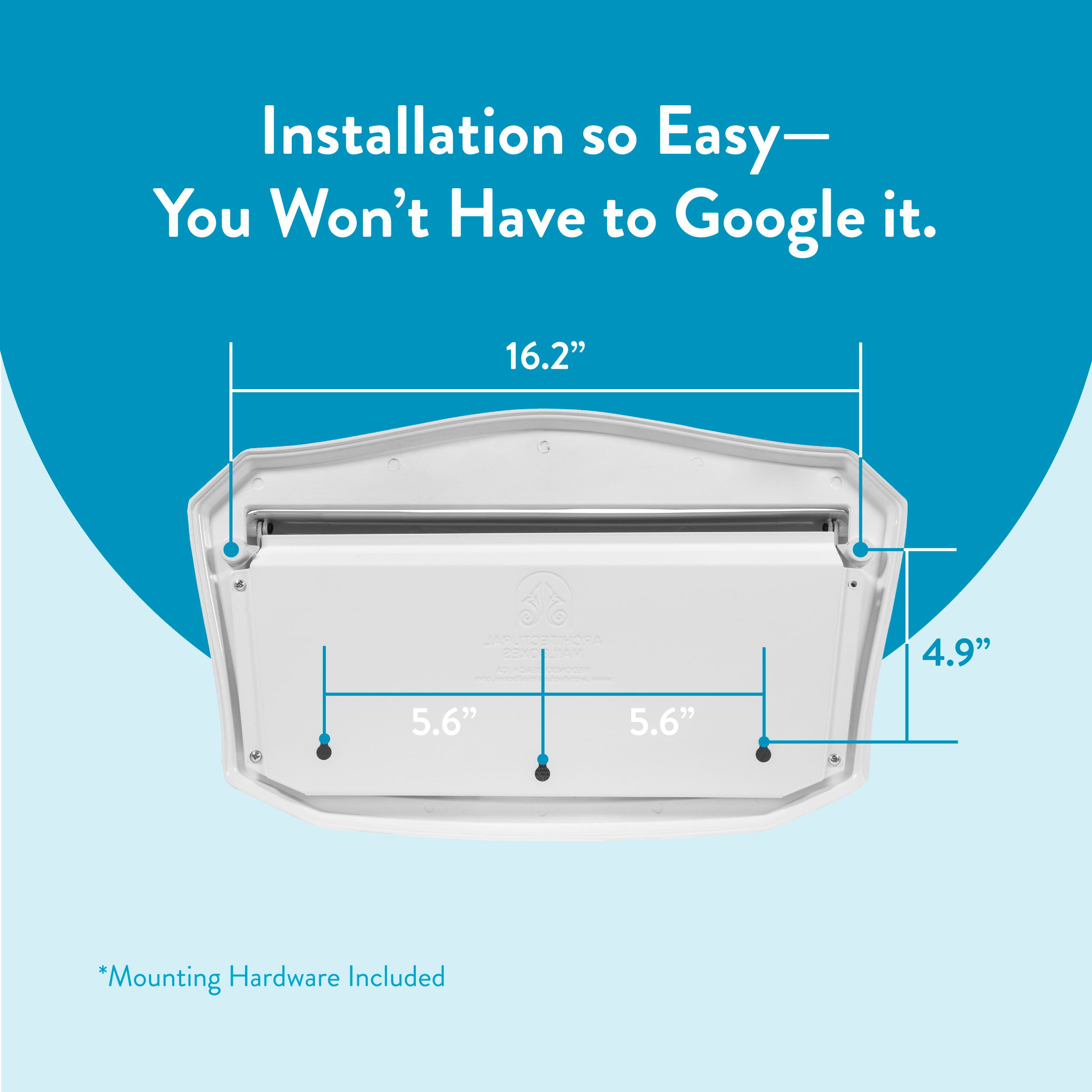 Product infographic showing mailbox mounting dimensions: 16.2" width, 4.9" height, 5.6" sections; mounting hardware included; tagline emphasizes easy installation.