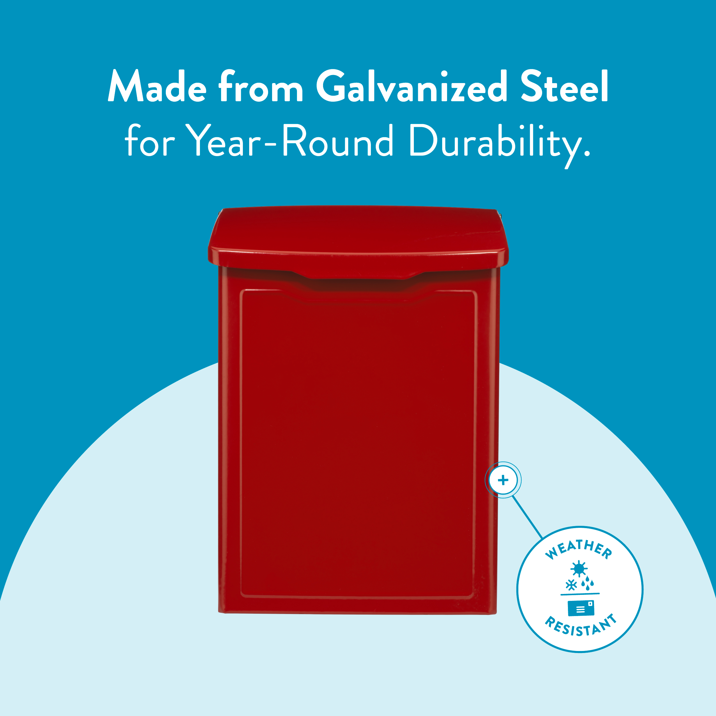 Red galvanized-steel mailbox on a blue background with a curved light-blue arc; slogan reads 'Made from Galvanized Steel for Year-Round Durability' and a weather-resistant badge nearby.