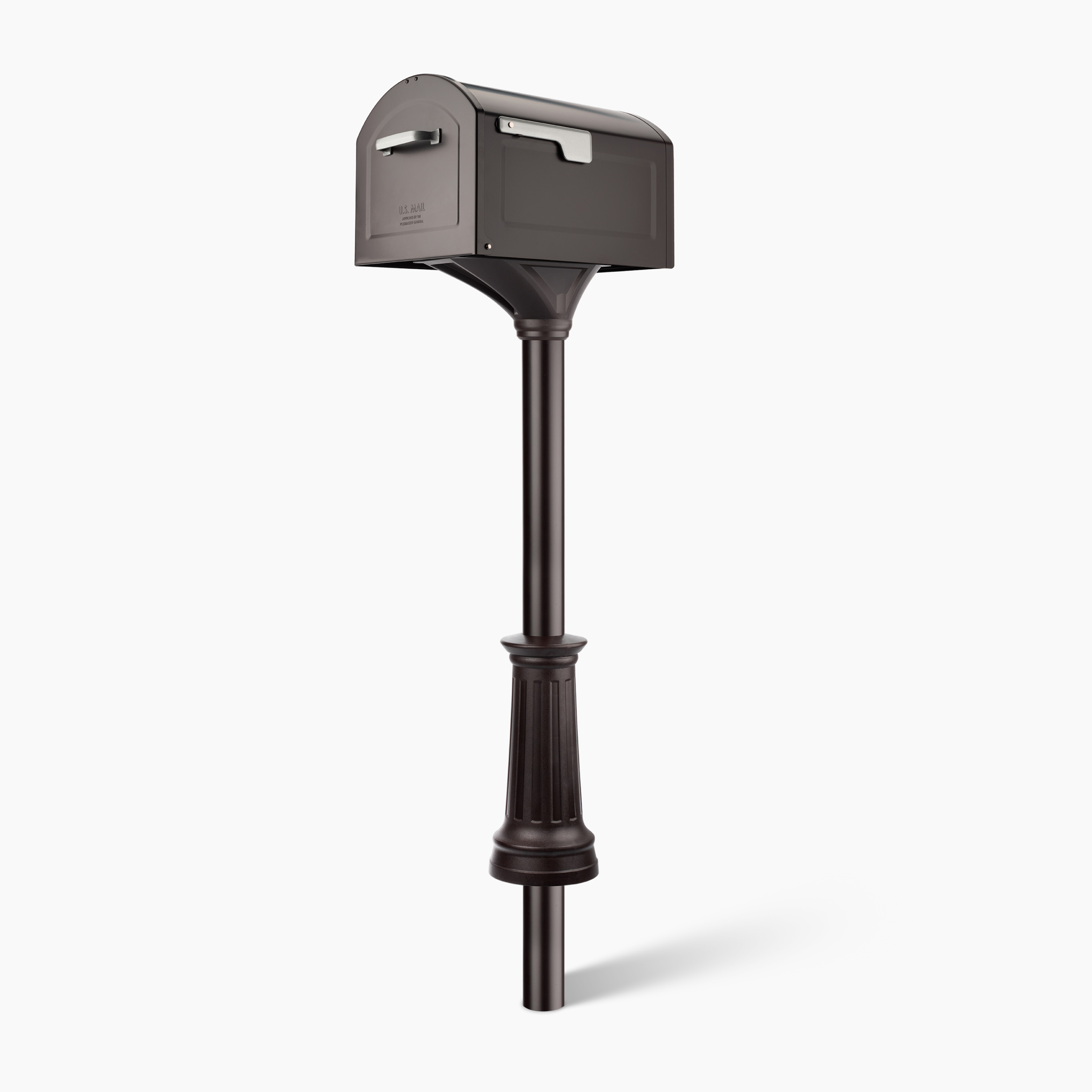 Dark metal mailbox mounted on a tall, decorative post with a fluted grip, standing against a white background.