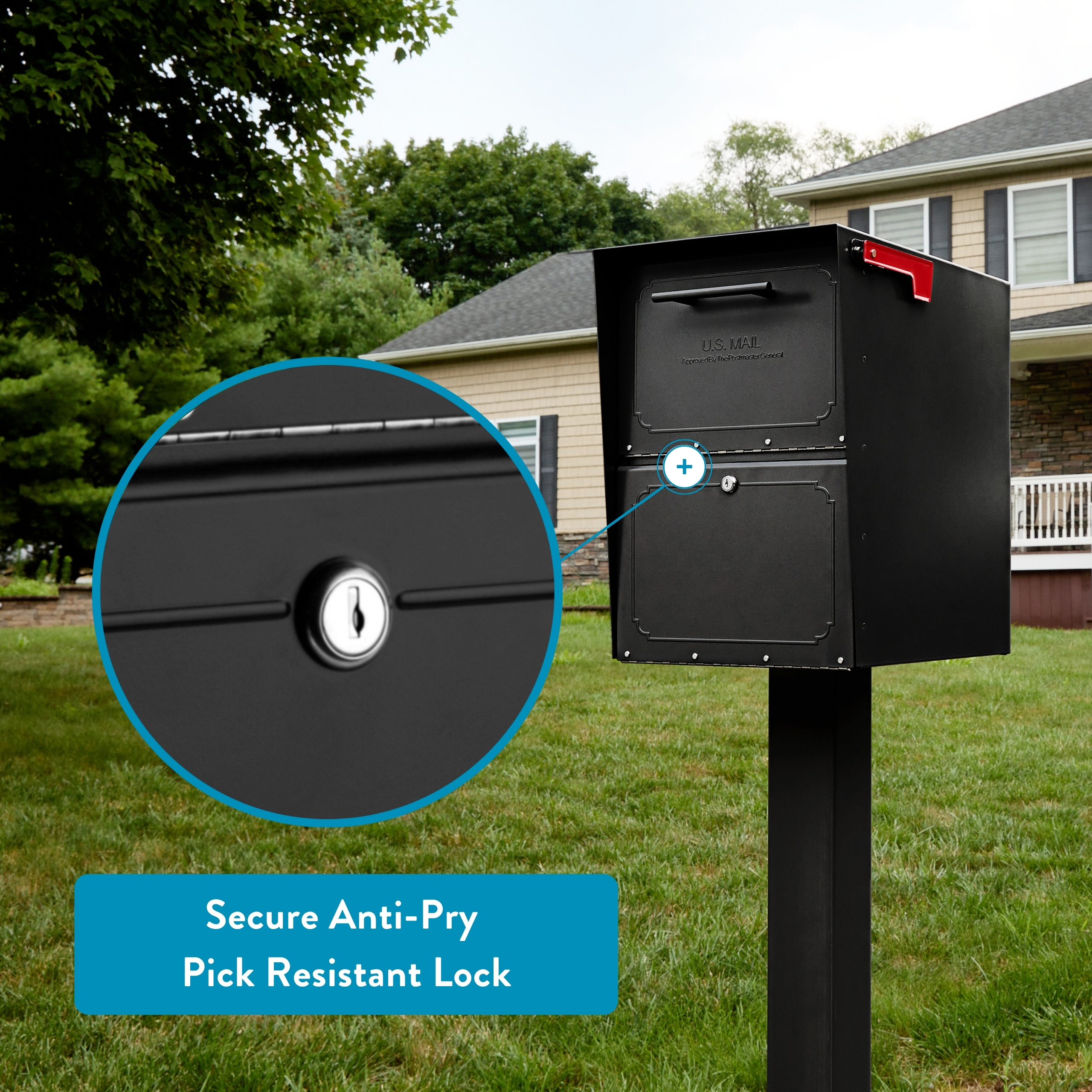 Curbside black mailbox on a post with a close-up of its pick-resistant lock.