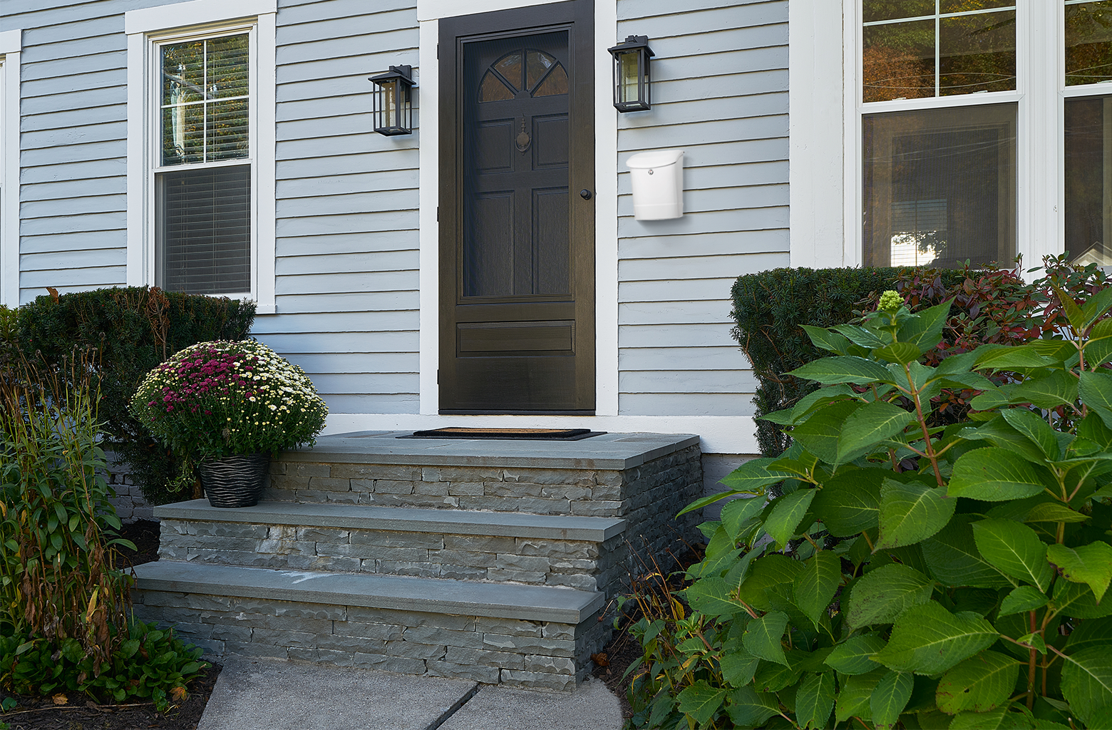 Front entrance of a blue-gray house with a dark paneled door, stone steps, and a white mailbox on the wall by the door, flanked by shrubs and flowers.
