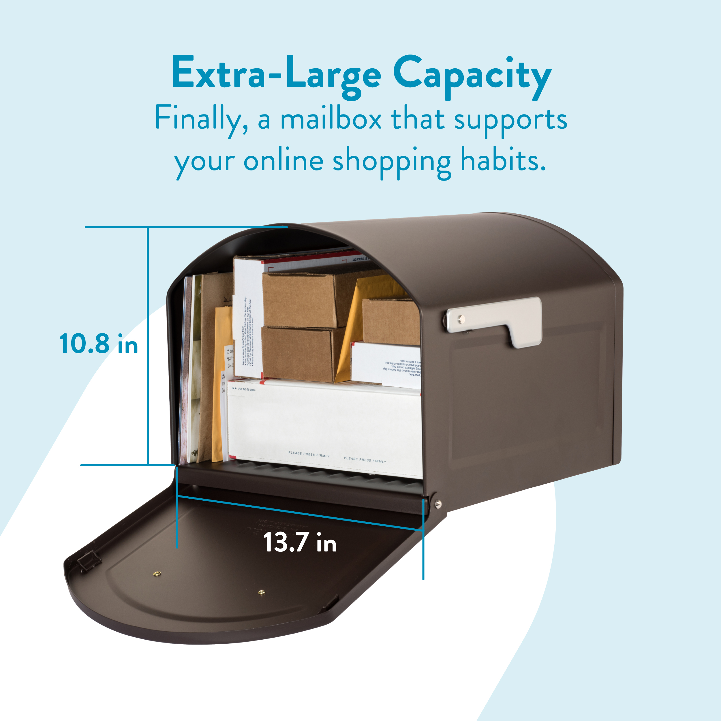 Open brown mailbox filled with boxes and envelopes, illustrating extra-large capacity; height 10.8 in, depth 13.7 in by design.