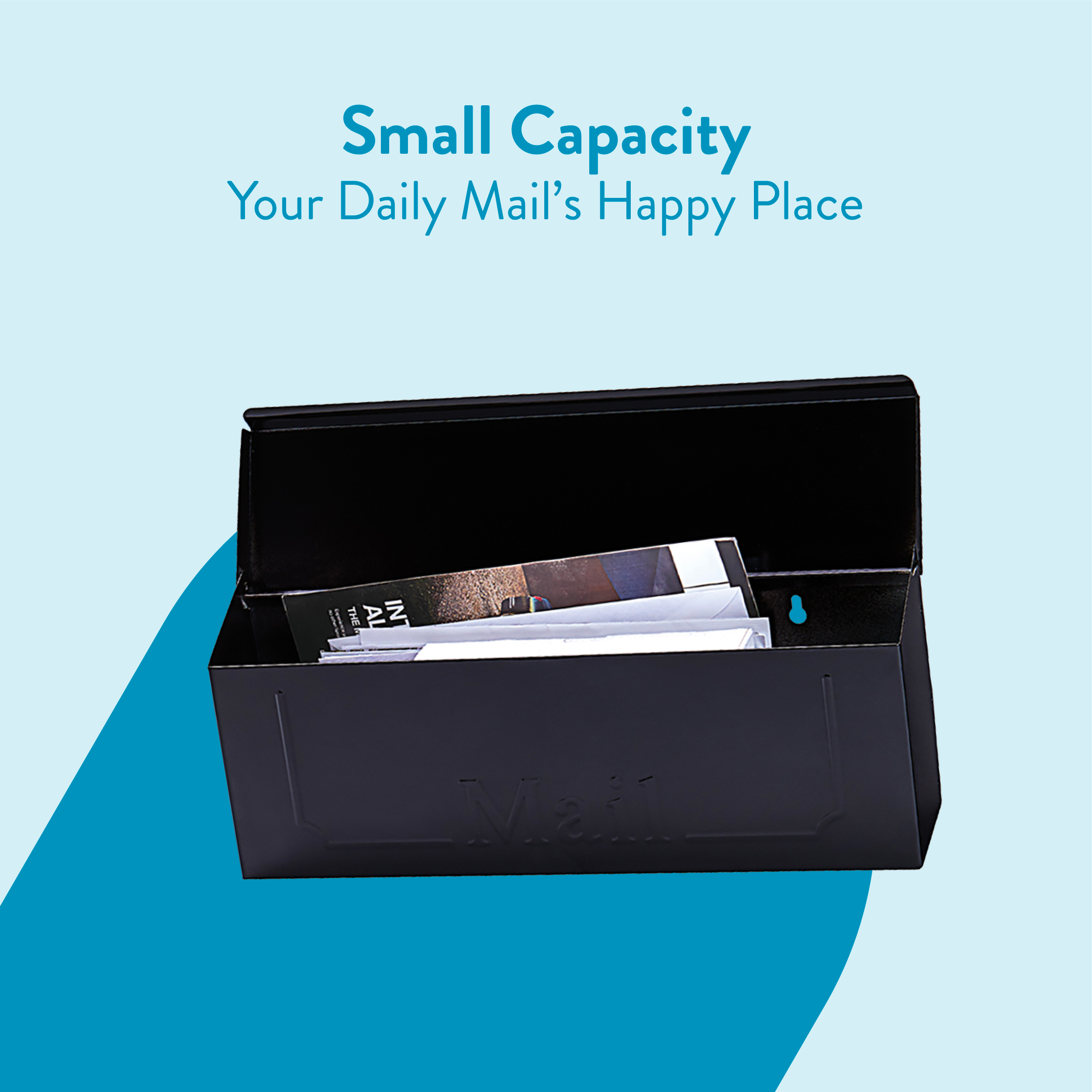 Compact black mail organizer filled with letters on a light blue background, labeled 'Small Capacity – Your Daily Mail's Happy Place'.
