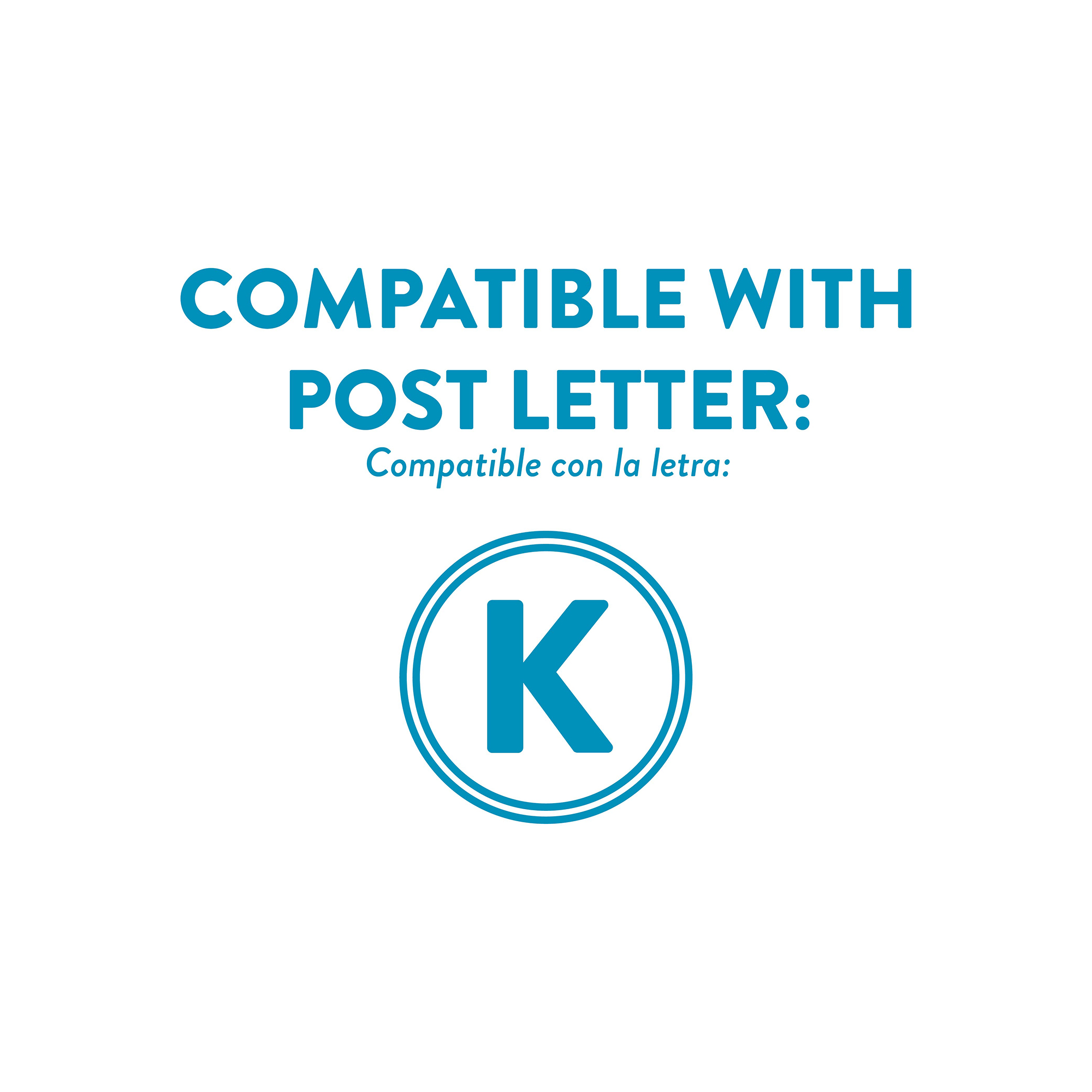 Blue badge with a bold K inside two concentric blue rings, above it the text 'COMPATIBLE WITH POST LETTER: Compatible con la letra:'