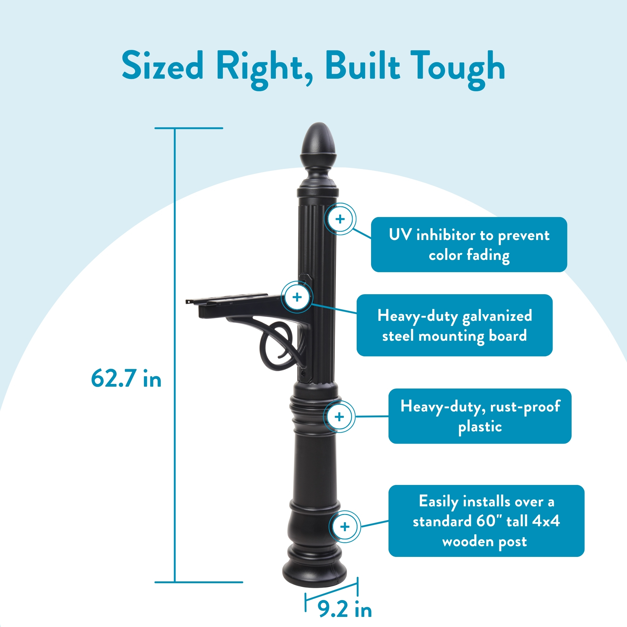 Infographic of a tall black mounting post with a bracket and labels describing its UV inhibitor, steel mounting board, rust-proof plastic, and 60" post compatibility.