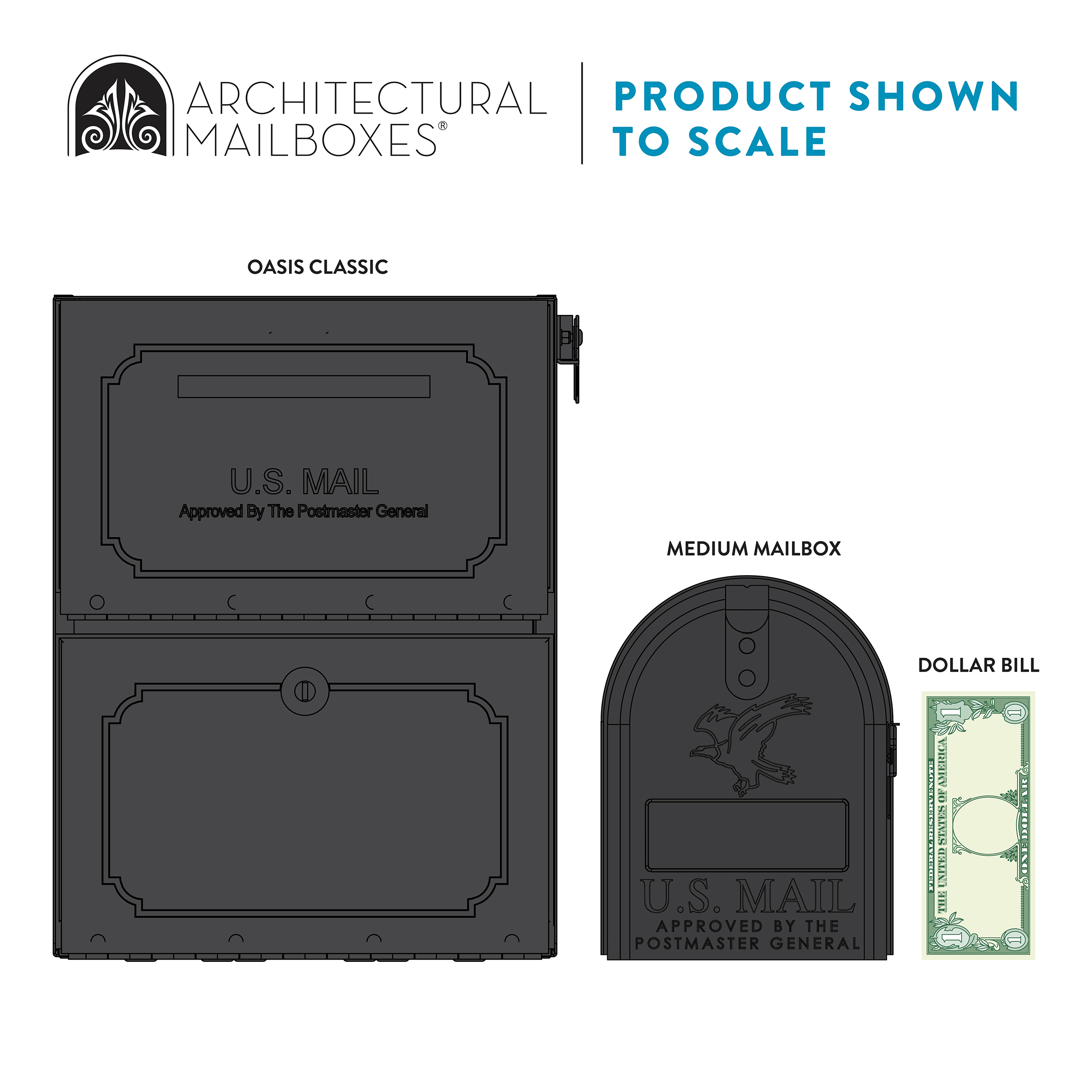Product diagram of Oasis Classic architectural mailboxes shown to scale: a large front unit and a curved-top secondary unit with a dollar bill for scale