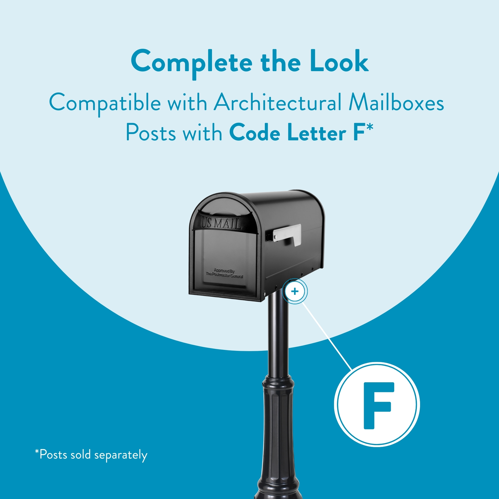 Promotional banner showing a black mailbox on a post with a large 'F' badge, indicating compatibility with Code Letter F posts.