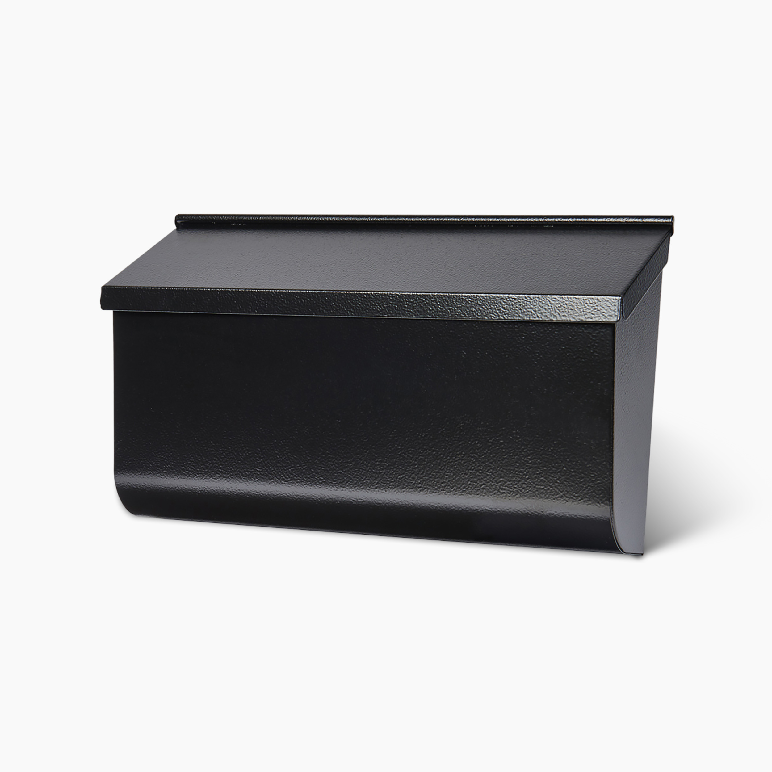 Black metal storage box with a hinged lid, shown on a white background, side view with rounded bottom edge.