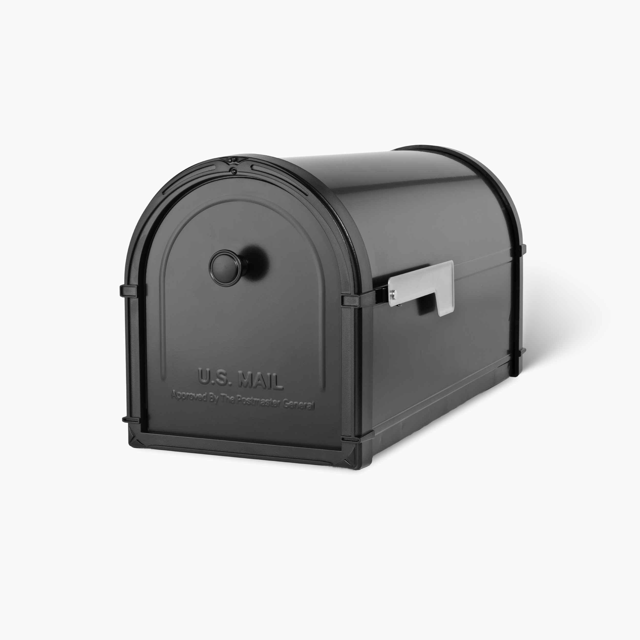 Black curved-top U.S. Mail mailbox with a white flag, viewed from the side.