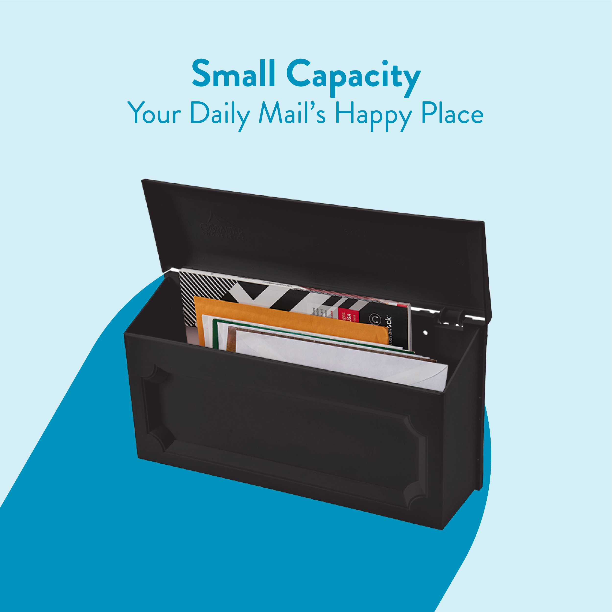 Black compact mail organizer open with letters and envelopes inside on a light blue background.